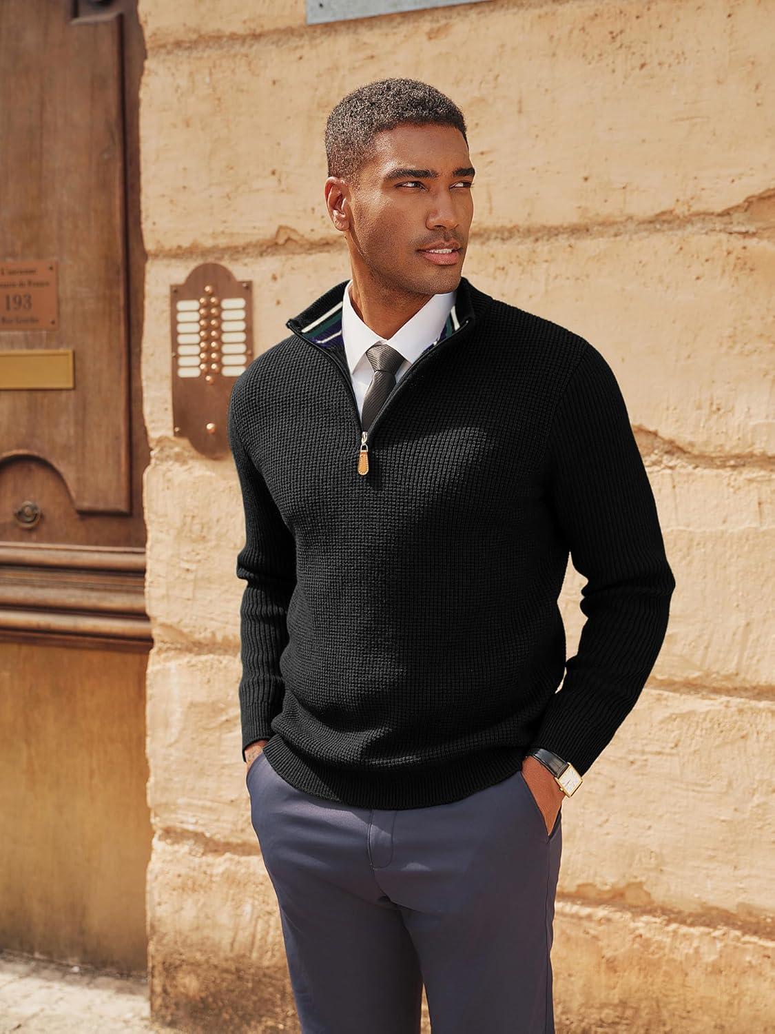 imagePJ PAUL JONES Mens Quarter Zip Sweaters Slim Fit Long Sleeve Casual Pullover Sweater Knit Textured Mock Neck Polo SweatersBlack Waffle