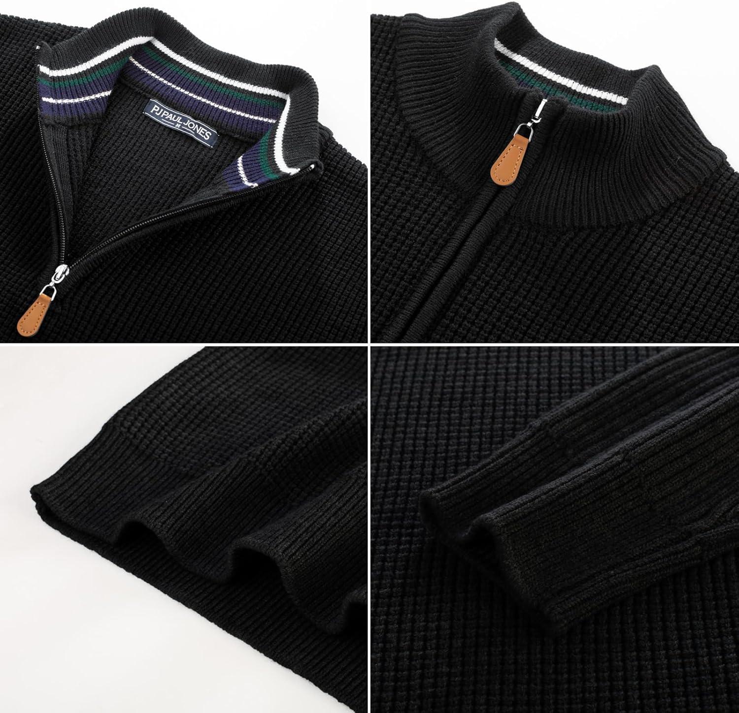 imagePJ PAUL JONES Mens Quarter Zip Sweaters Slim Fit Long Sleeve Casual Pullover Sweater Knit Textured Mock Neck Polo SweatersBlack Waffle