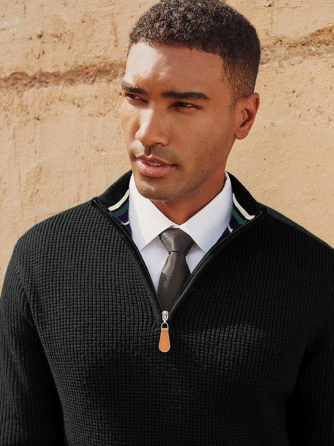 imagePJ PAUL JONES Mens Quarter Zip Sweaters Slim Fit Long Sleeve Casual Pullover Sweater Knit Textured Mock Neck Polo SweatersBlack Waffle