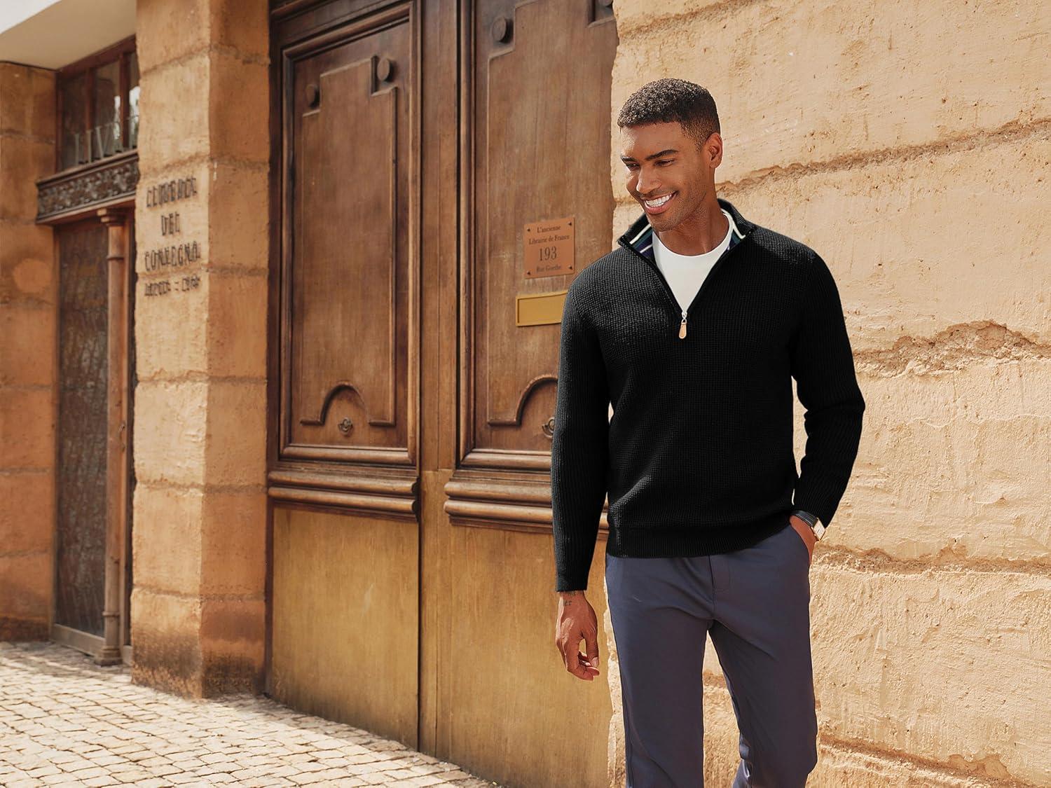 imagePJ PAUL JONES Mens Quarter Zip Sweaters Slim Fit Long Sleeve Casual Pullover Sweater Knit Textured Mock Neck Polo SweatersBlack Waffle