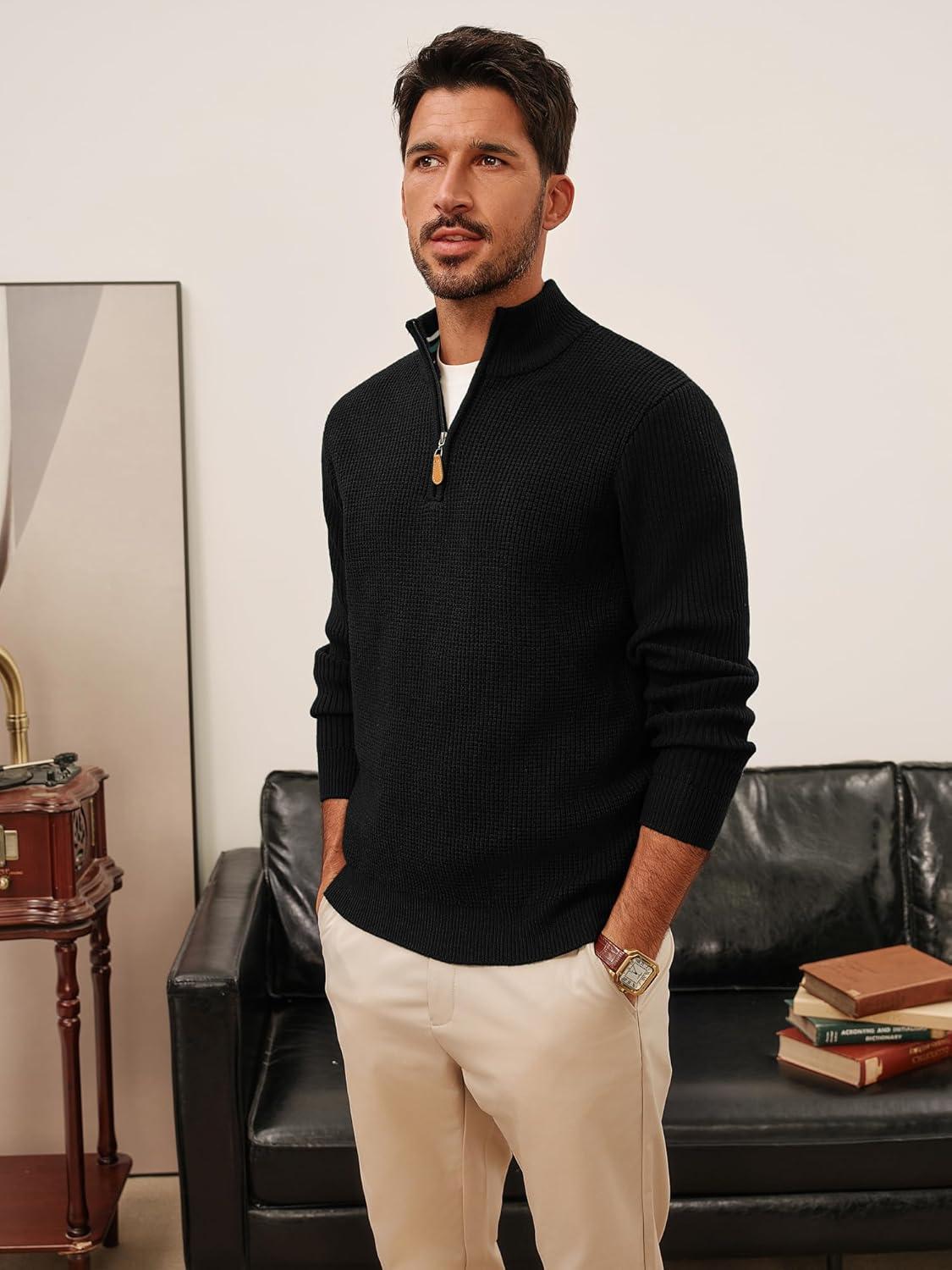 imagePJ PAUL JONES Mens Quarter Zip Sweaters Slim Fit Long Sleeve Casual Pullover Sweater Knit Textured Mock Neck Polo SweatersBlack Waffle