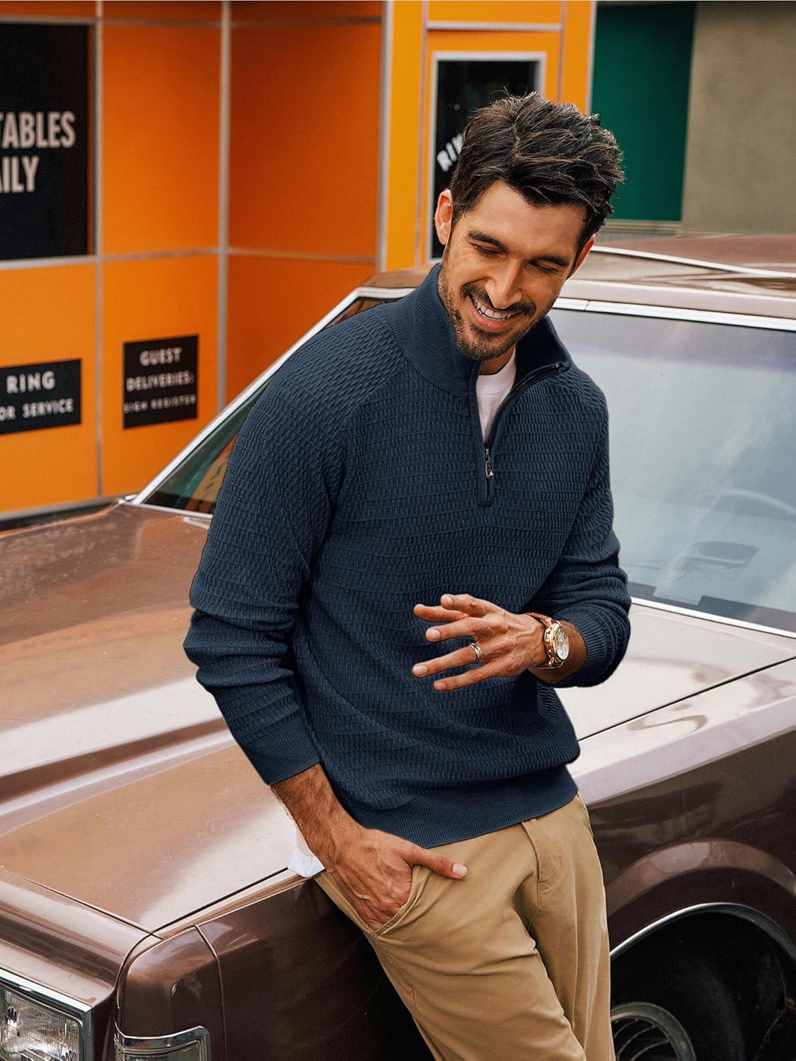 imagePJ PAUL JONES Mens Quarter Zip Sweaters Slim Fit Long Sleeve Casual Pullover Sweater Knit Textured Mock Neck Polo SweatersBlue