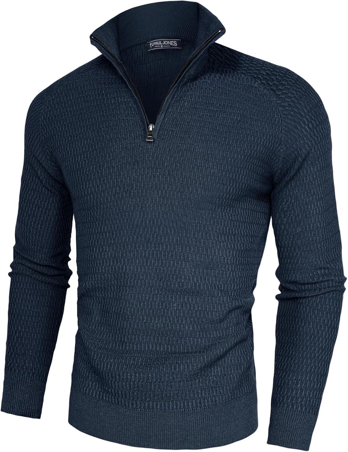 imagePJ PAUL JONES Mens Quarter Zip Sweaters Slim Fit Long Sleeve Casual Pullover Sweater Knit Textured Mock Neck Polo SweatersBlue