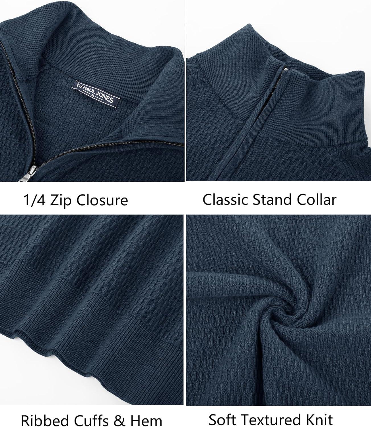 imagePJ PAUL JONES Mens Quarter Zip Sweaters Slim Fit Long Sleeve Casual Pullover Sweater Knit Textured Mock Neck Polo SweatersBlue