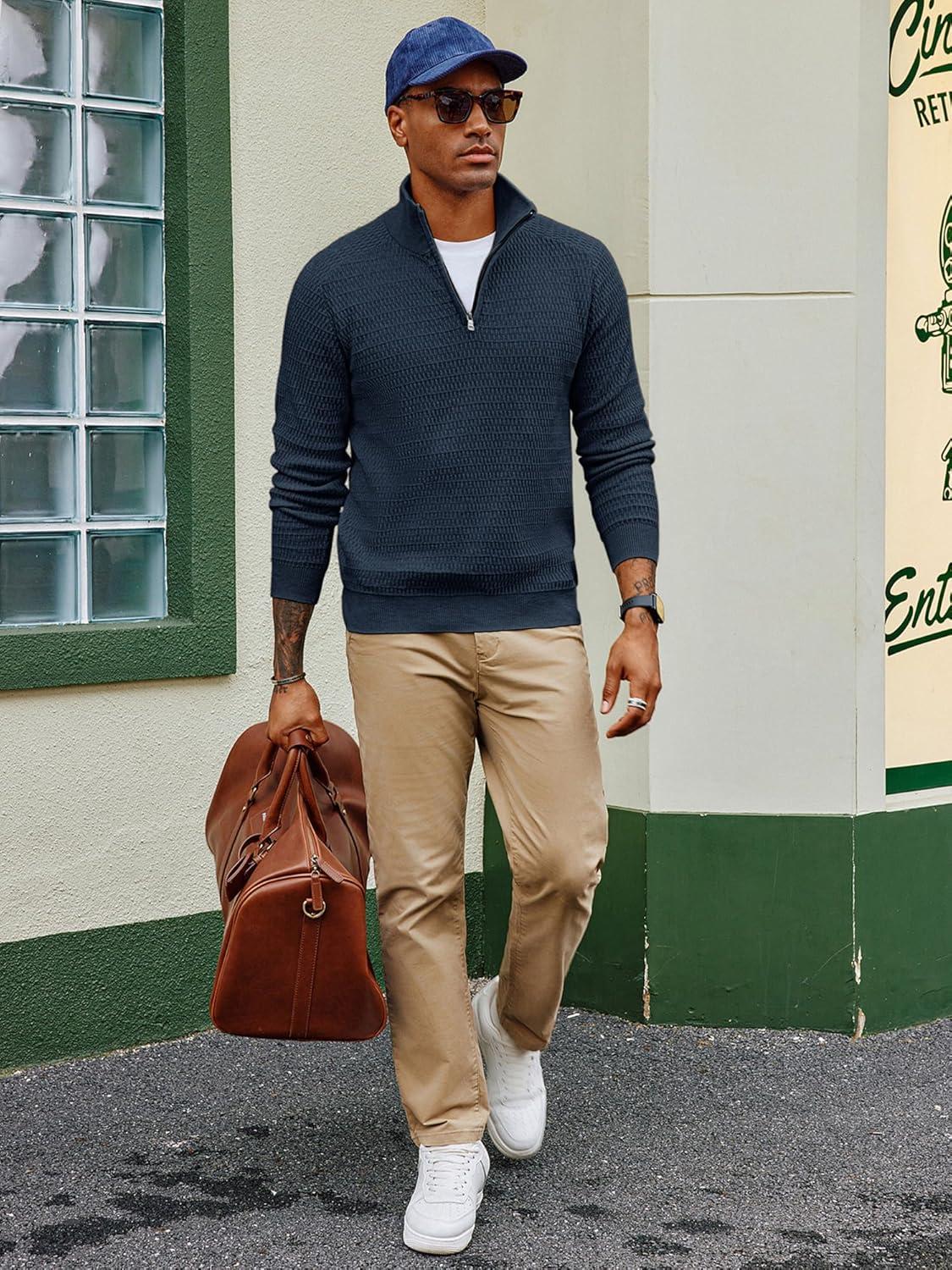 imagePJ PAUL JONES Mens Quarter Zip Sweaters Slim Fit Long Sleeve Casual Pullover Sweater Knit Textured Mock Neck Polo SweatersBlue