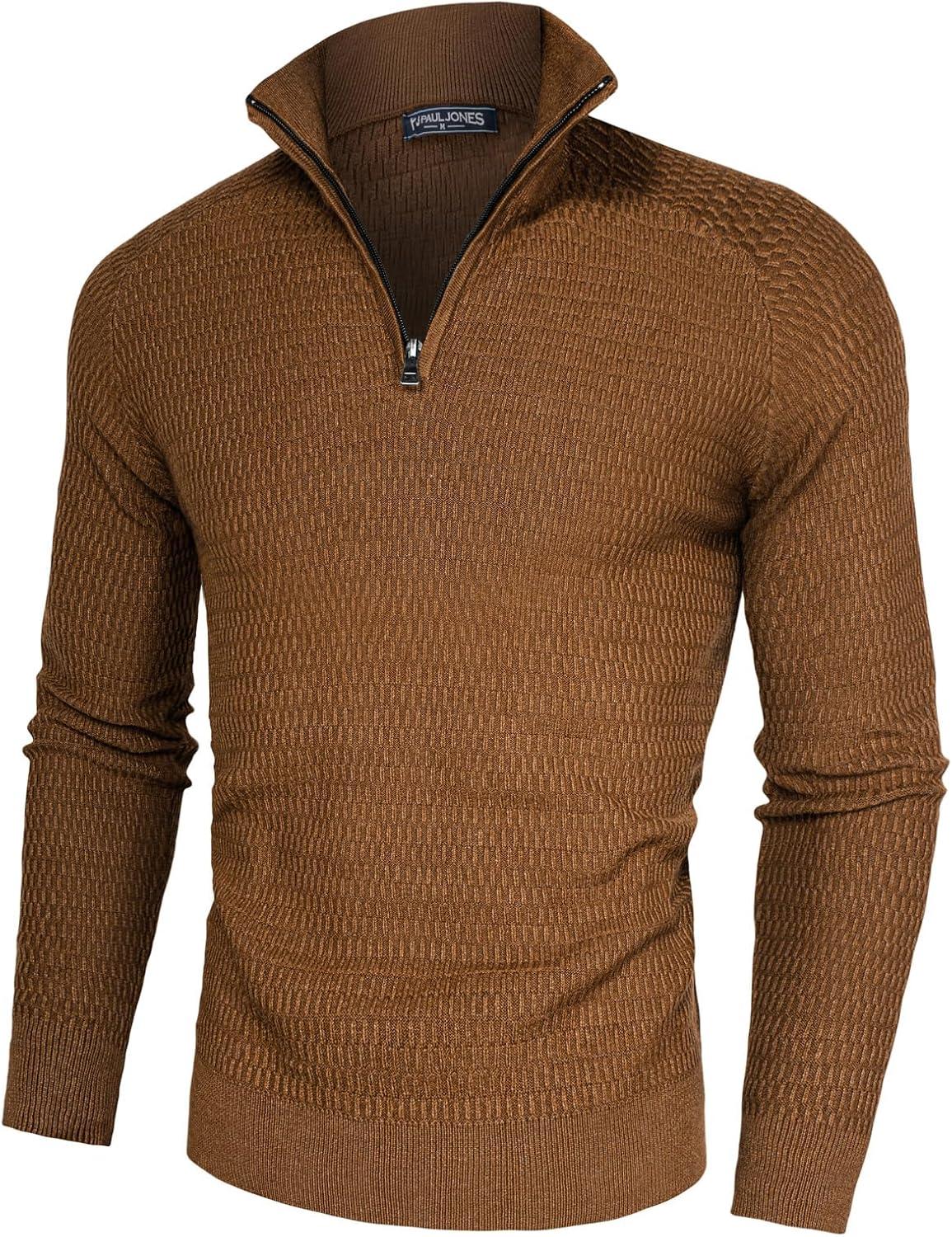 imagePJ PAUL JONES Mens Quarter Zip Sweaters Slim Fit Long Sleeve Casual Pullover Sweater Knit Textured Mock Neck Polo SweatersBrown
