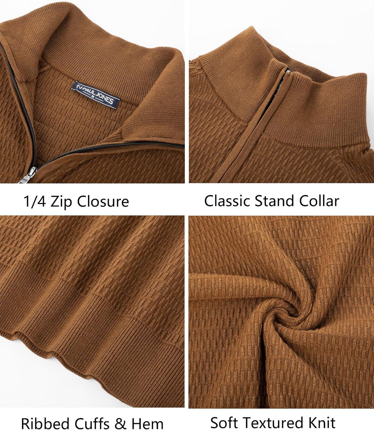 imagePJ PAUL JONES Mens Quarter Zip Sweaters Slim Fit Long Sleeve Casual Pullover Sweater Knit Textured Mock Neck Polo SweatersBrown