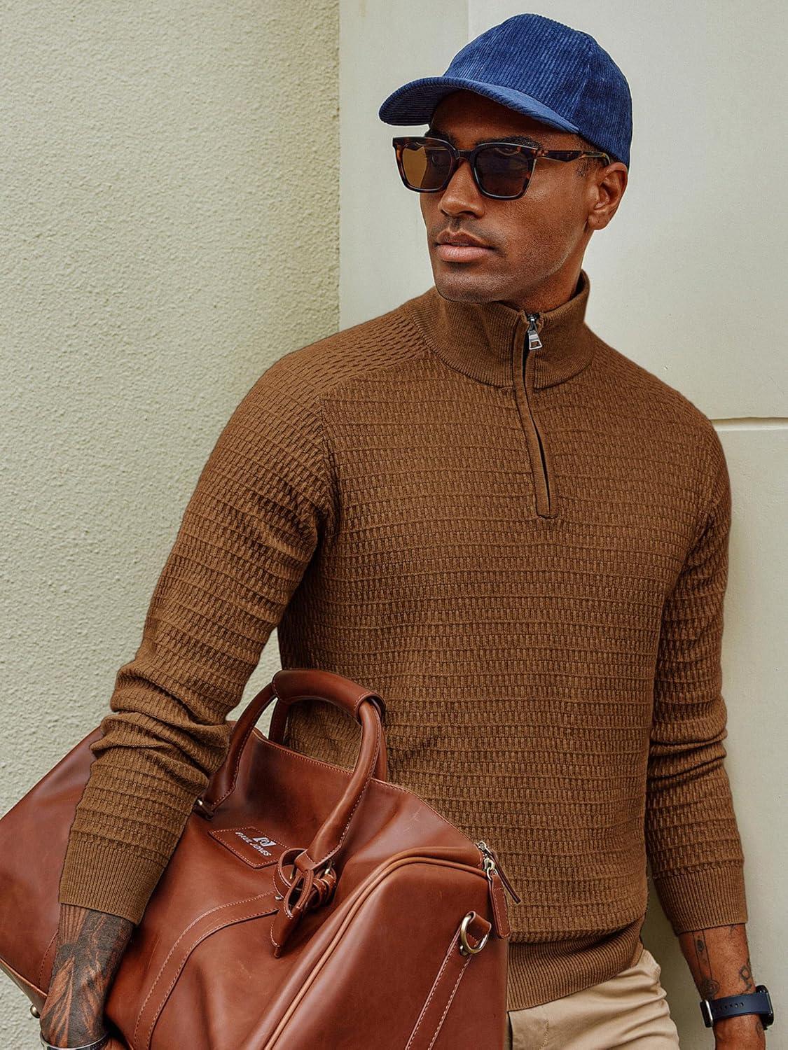 imagePJ PAUL JONES Mens Quarter Zip Sweaters Slim Fit Long Sleeve Casual Pullover Sweater Knit Textured Mock Neck Polo SweatersBrown