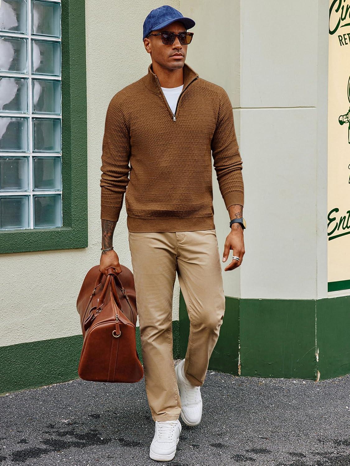 imagePJ PAUL JONES Mens Quarter Zip Sweaters Slim Fit Long Sleeve Casual Pullover Sweater Knit Textured Mock Neck Polo SweatersBrown