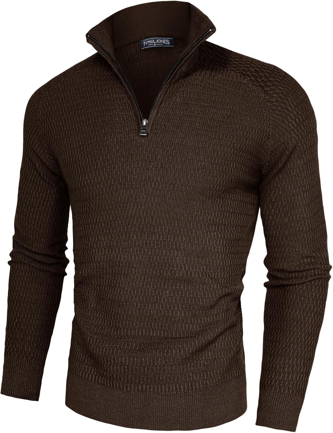 imagePJ PAUL JONES Mens Quarter Zip Sweaters Slim Fit Long Sleeve Casual Pullover Sweater Knit Textured Mock Neck Polo SweatersCoffee