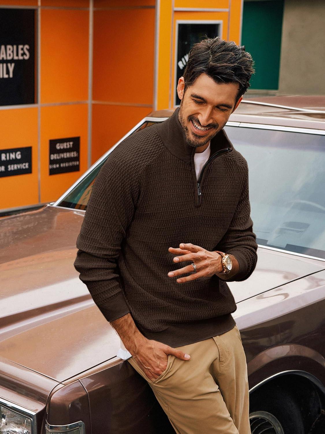 imagePJ PAUL JONES Mens Quarter Zip Sweaters Slim Fit Long Sleeve Casual Pullover Sweater Knit Textured Mock Neck Polo SweatersCoffee