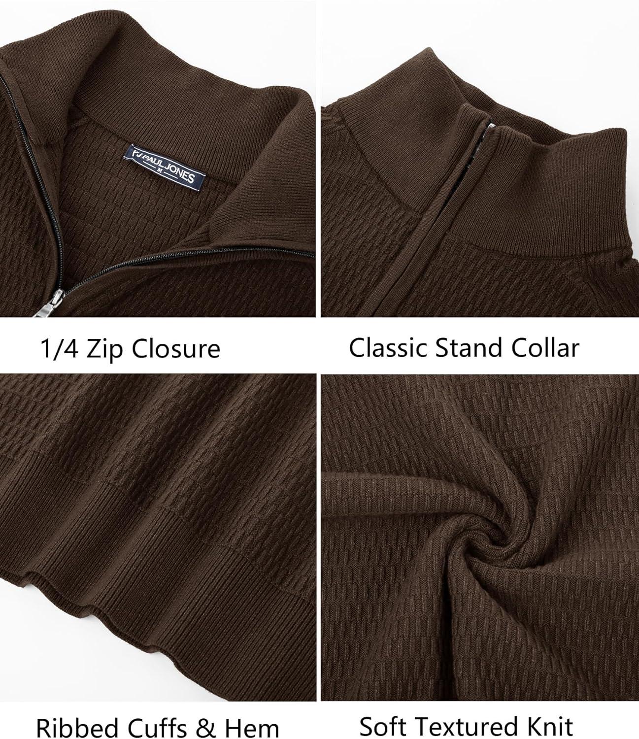 imagePJ PAUL JONES Mens Quarter Zip Sweaters Slim Fit Long Sleeve Casual Pullover Sweater Knit Textured Mock Neck Polo SweatersCoffee