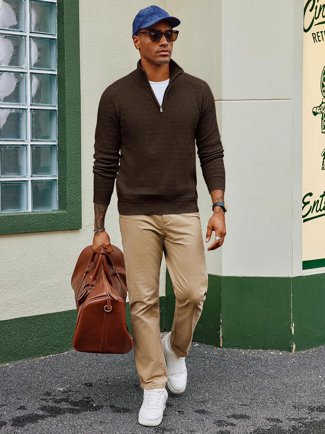 imagePJ PAUL JONES Mens Quarter Zip Sweaters Slim Fit Long Sleeve Casual Pullover Sweater Knit Textured Mock Neck Polo SweatersCoffee