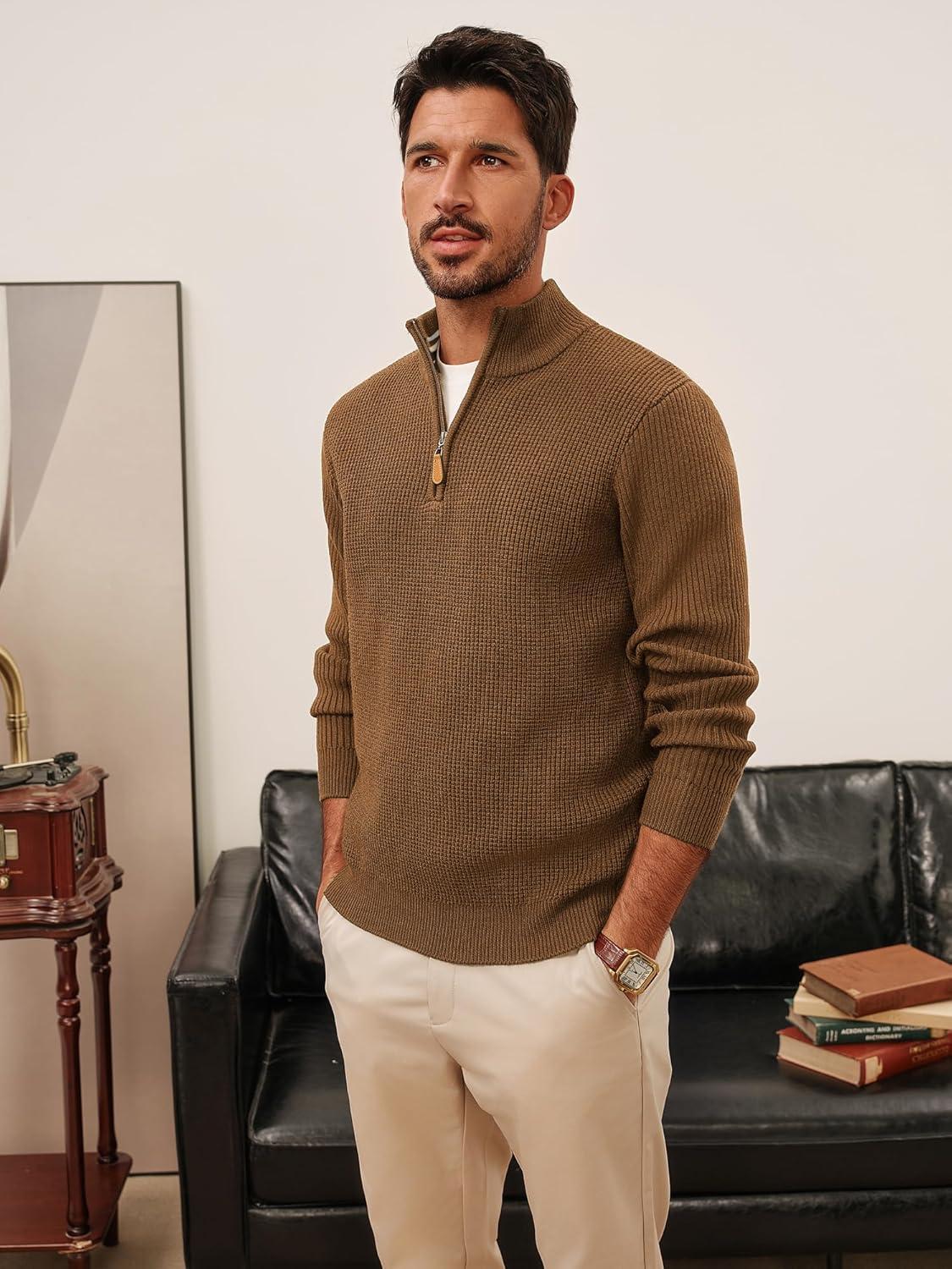 imagePJ PAUL JONES Mens Quarter Zip Sweaters Slim Fit Long Sleeve Casual Pullover Sweater Knit Textured Mock Neck Polo SweatersCoffee Waffle