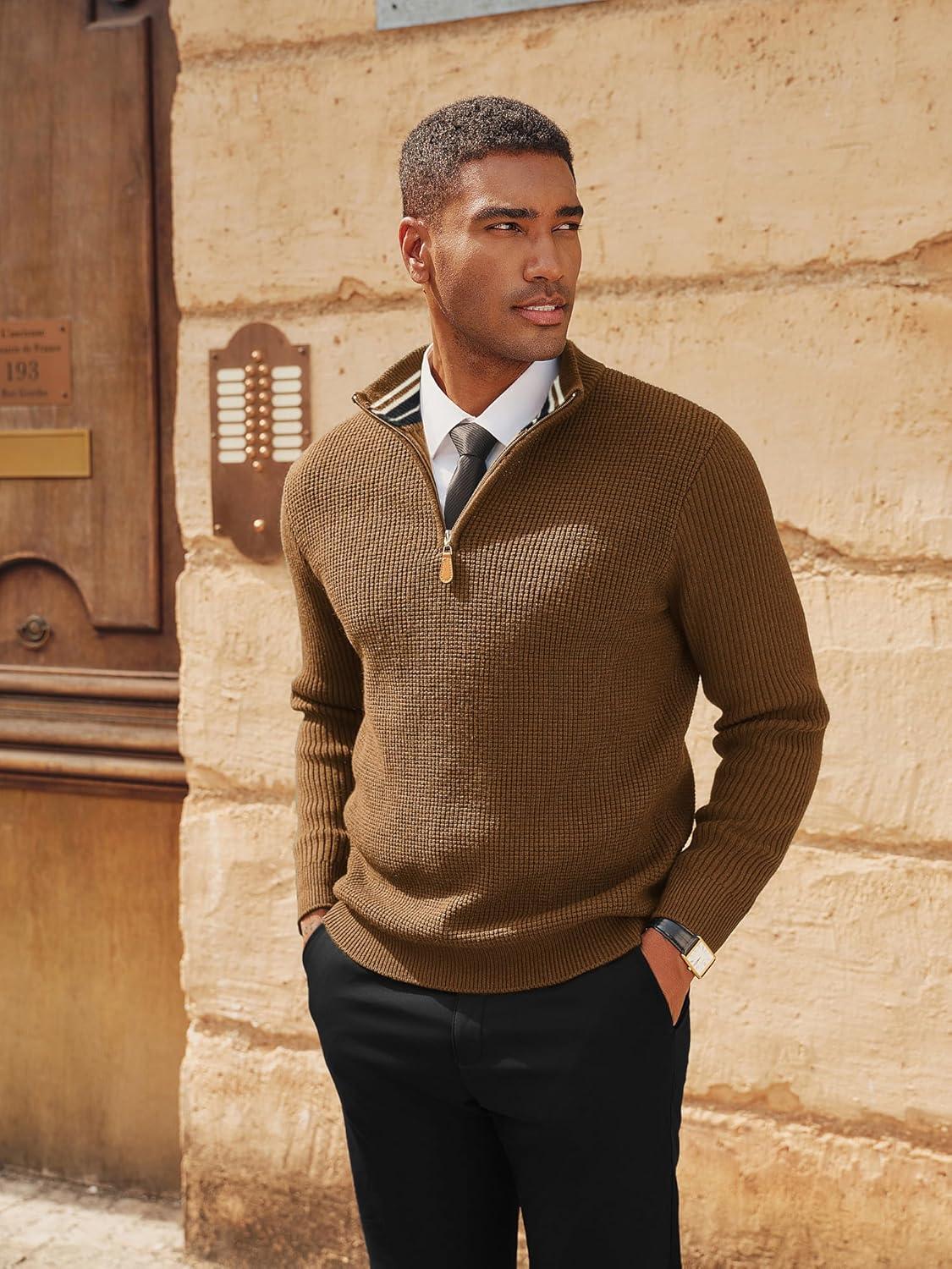 imagePJ PAUL JONES Mens Quarter Zip Sweaters Slim Fit Long Sleeve Casual Pullover Sweater Knit Textured Mock Neck Polo SweatersCoffee Waffle