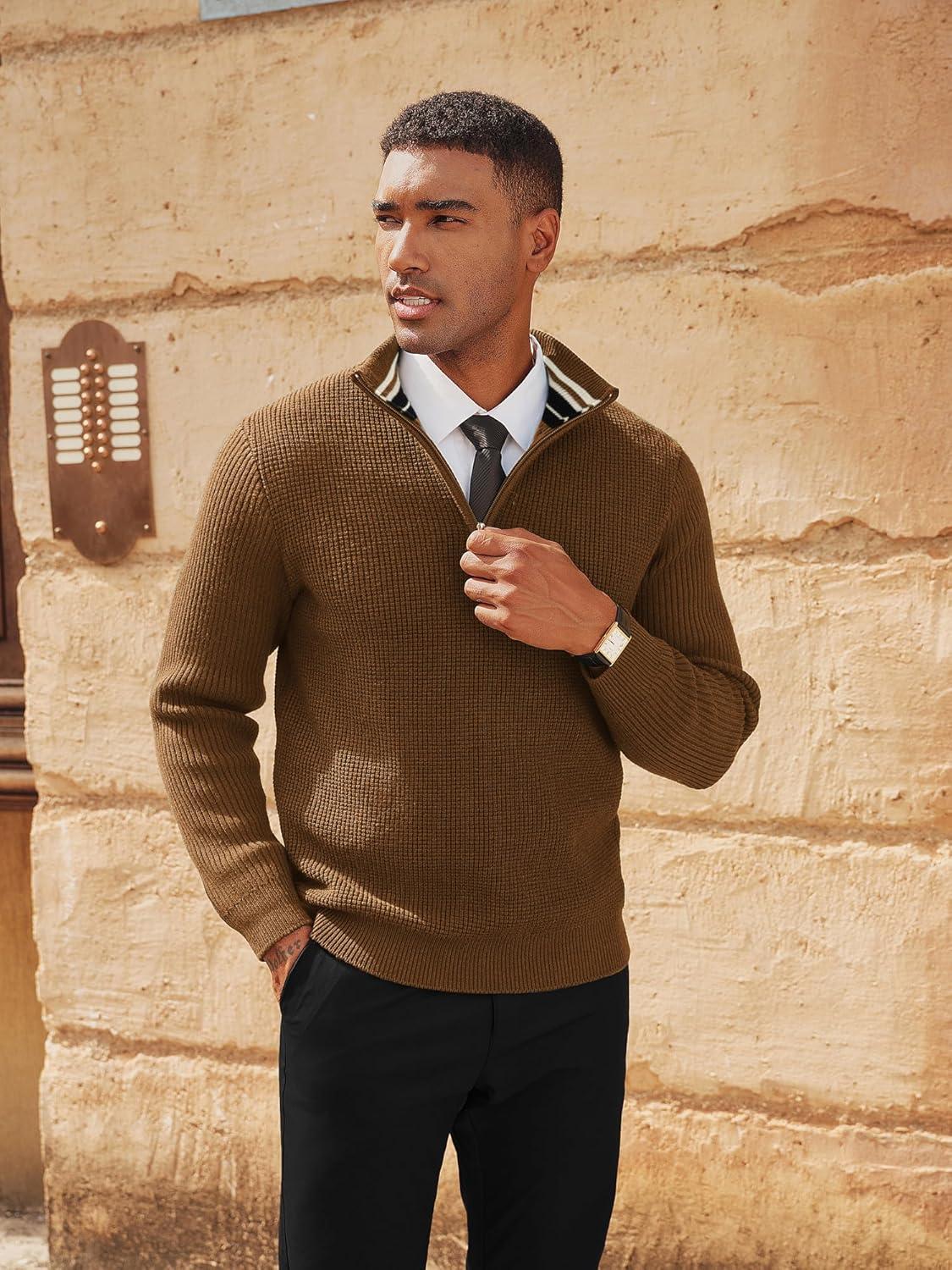imagePJ PAUL JONES Mens Quarter Zip Sweaters Slim Fit Long Sleeve Casual Pullover Sweater Knit Textured Mock Neck Polo SweatersCoffee Waffle