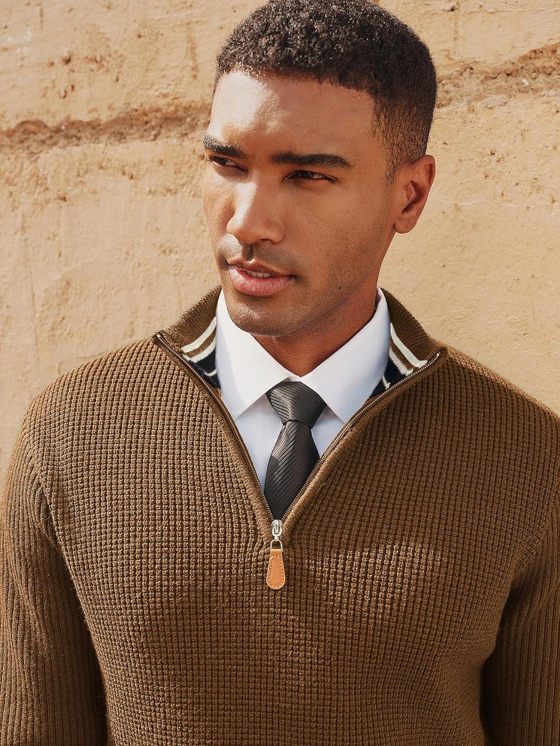 imagePJ PAUL JONES Mens Quarter Zip Sweaters Slim Fit Long Sleeve Casual Pullover Sweater Knit Textured Mock Neck Polo SweatersCoffee Waffle