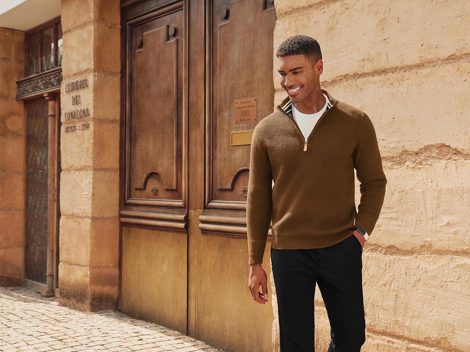 imagePJ PAUL JONES Mens Quarter Zip Sweaters Slim Fit Long Sleeve Casual Pullover Sweater Knit Textured Mock Neck Polo SweatersCoffee Waffle