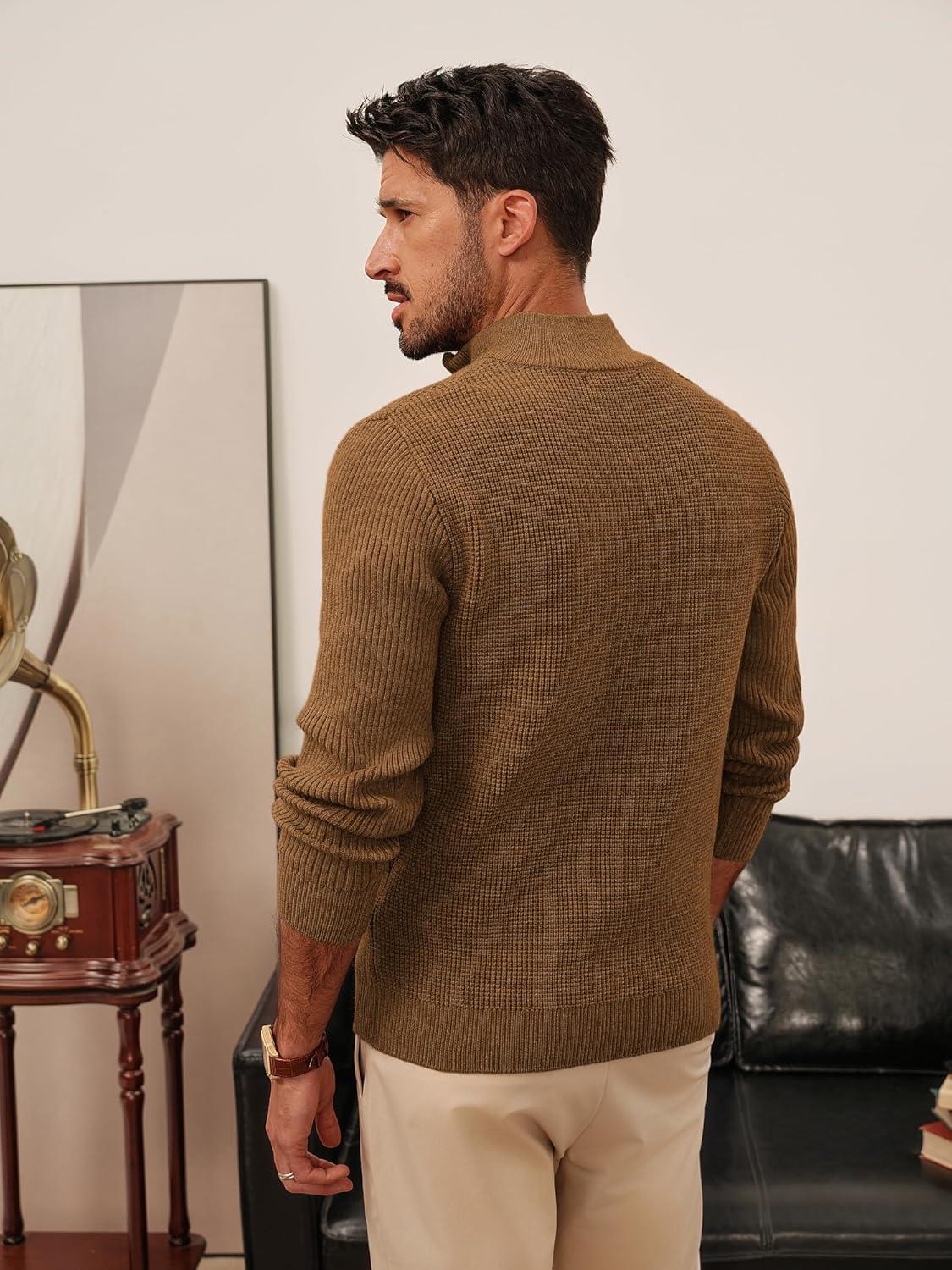 imagePJ PAUL JONES Mens Quarter Zip Sweaters Slim Fit Long Sleeve Casual Pullover Sweater Knit Textured Mock Neck Polo SweatersCoffee Waffle