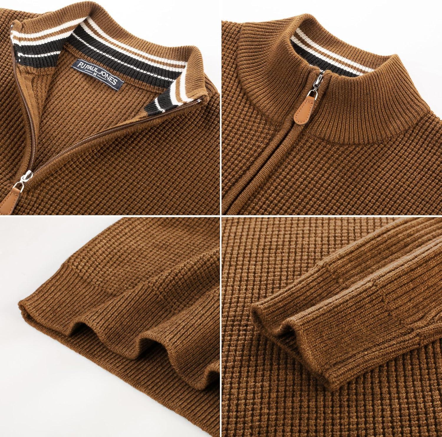 imagePJ PAUL JONES Mens Quarter Zip Sweaters Slim Fit Long Sleeve Casual Pullover Sweater Knit Textured Mock Neck Polo SweatersCoffee Waffle