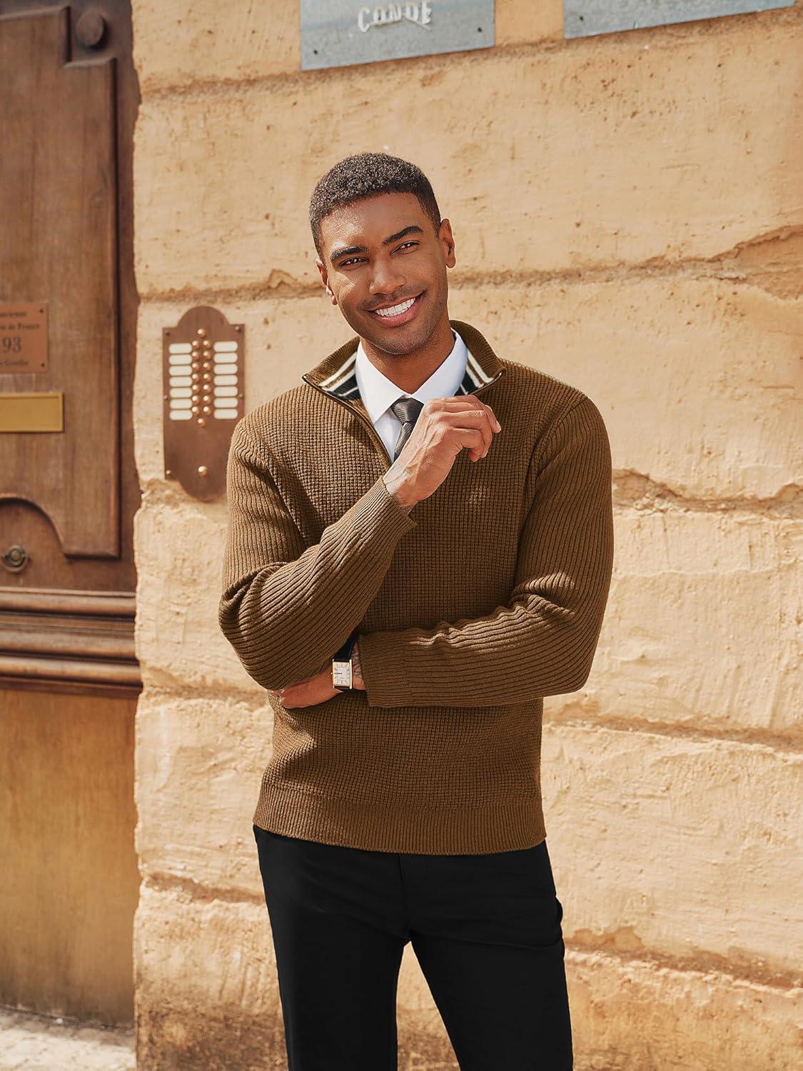 imagePJ PAUL JONES Mens Quarter Zip Sweaters Slim Fit Long Sleeve Casual Pullover Sweater Knit Textured Mock Neck Polo SweatersCoffee Waffle