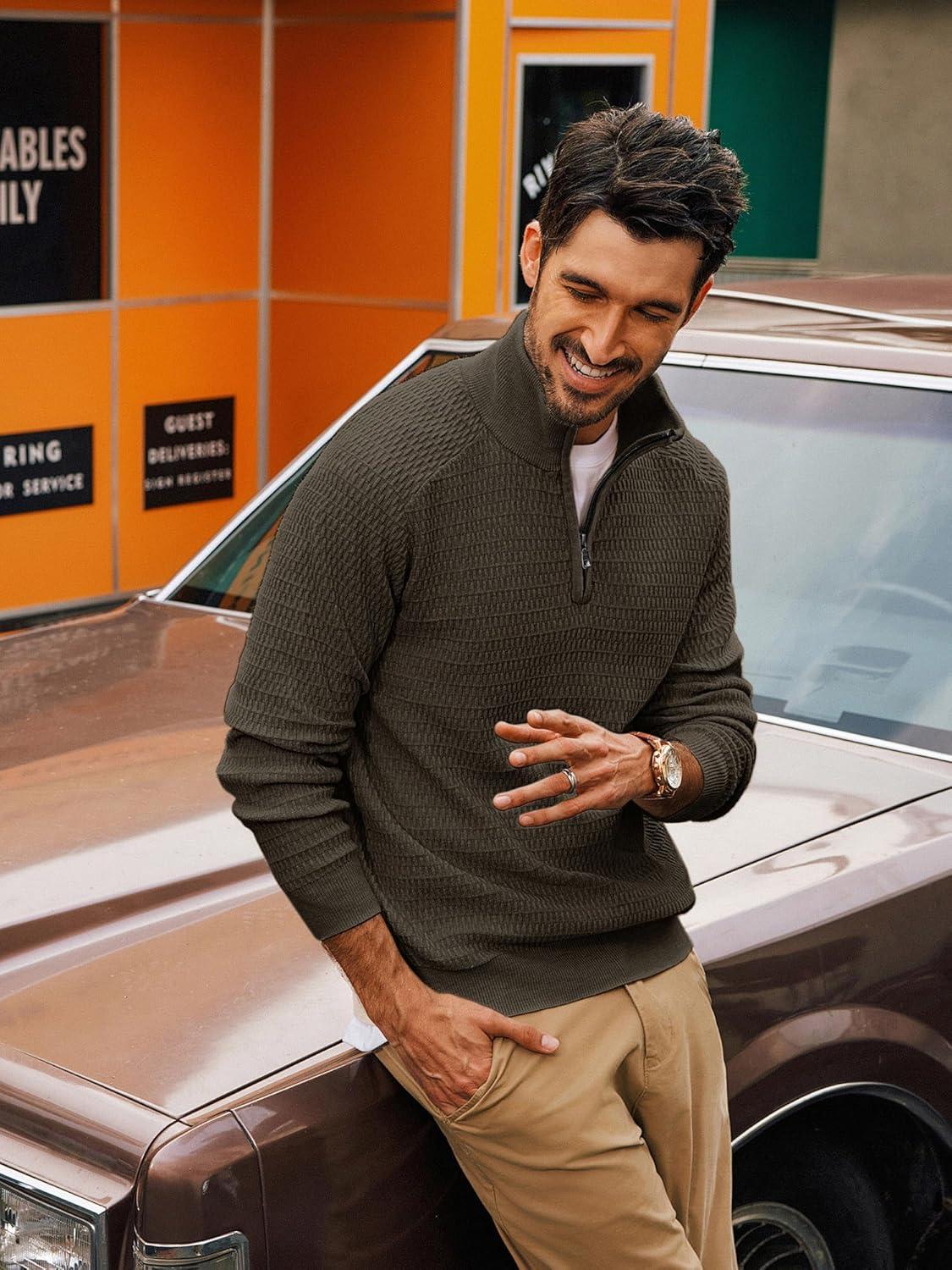 imagePJ PAUL JONES Mens Quarter Zip Sweaters Slim Fit Long Sleeve Casual Pullover Sweater Knit Textured Mock Neck Polo SweatersDark Brown