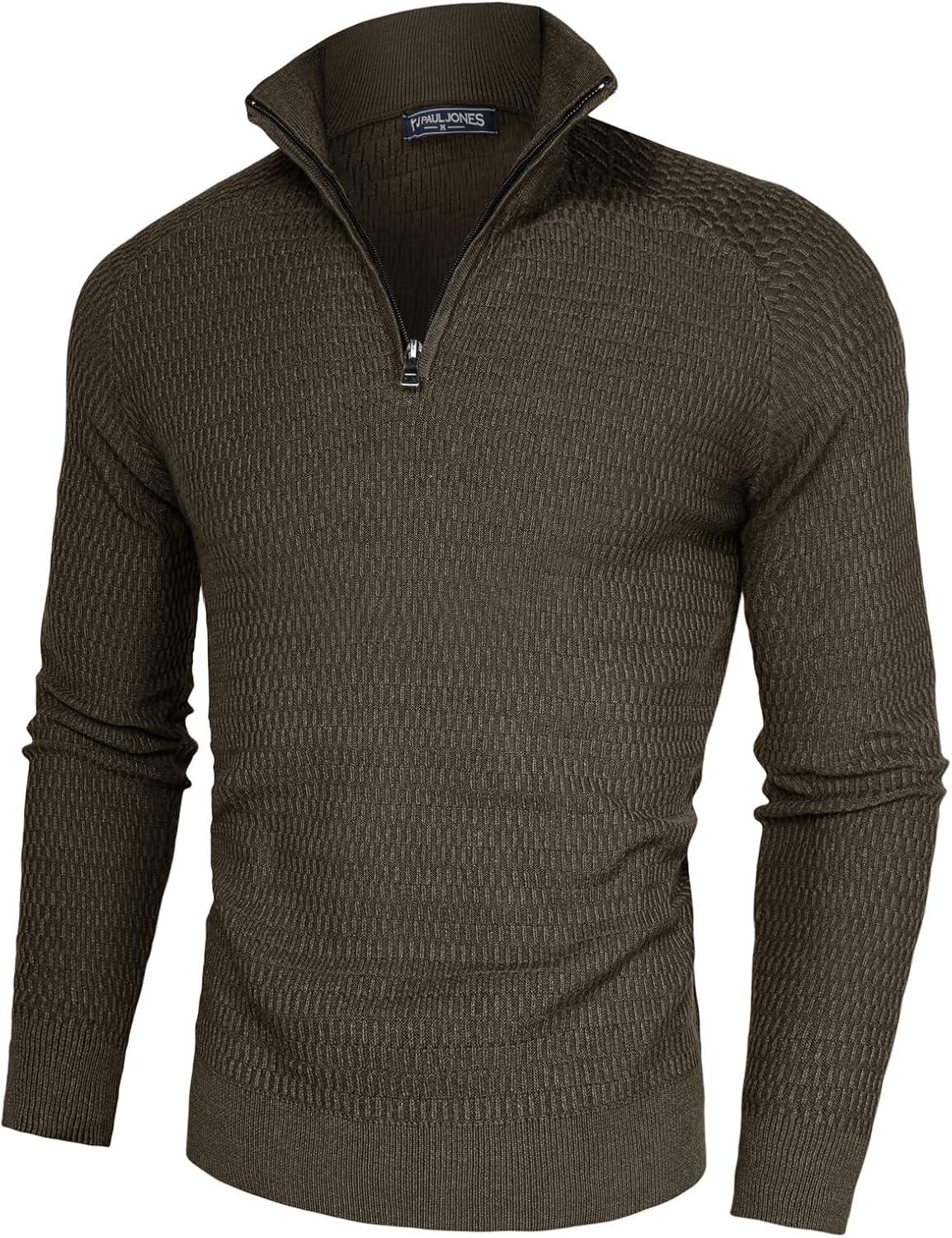 imagePJ PAUL JONES Mens Quarter Zip Sweaters Slim Fit Long Sleeve Casual Pullover Sweater Knit Textured Mock Neck Polo SweatersDark Brown