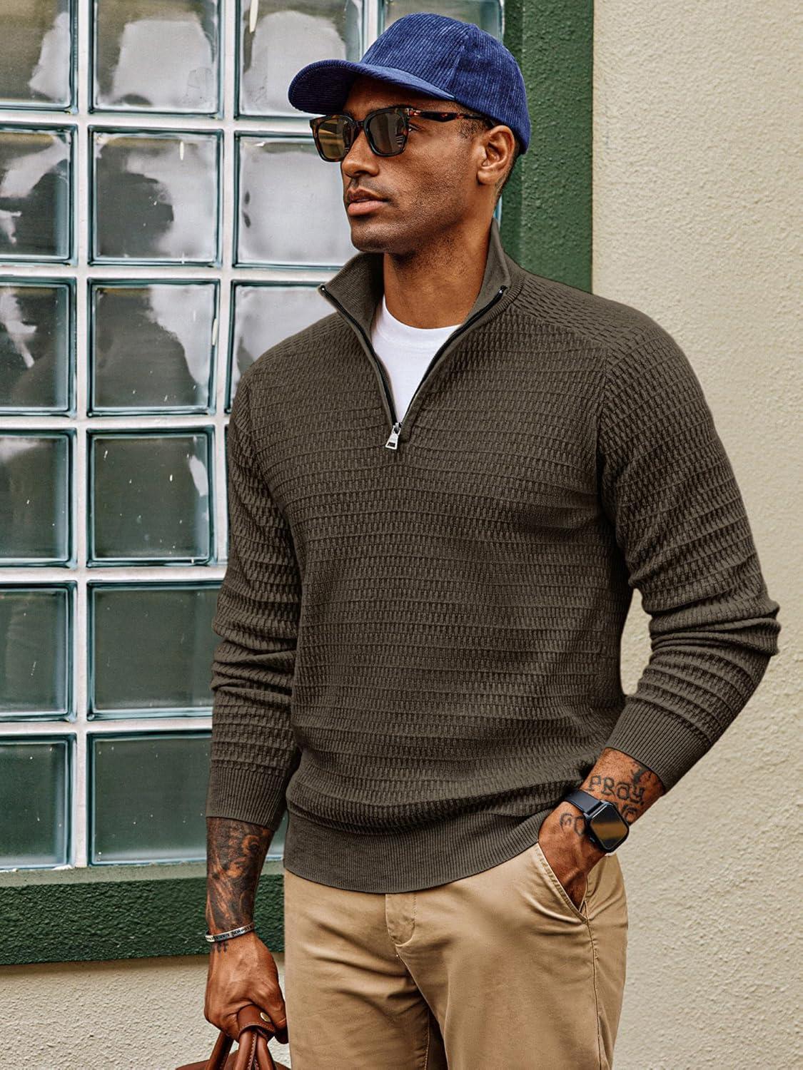 imagePJ PAUL JONES Mens Quarter Zip Sweaters Slim Fit Long Sleeve Casual Pullover Sweater Knit Textured Mock Neck Polo SweatersDark Brown