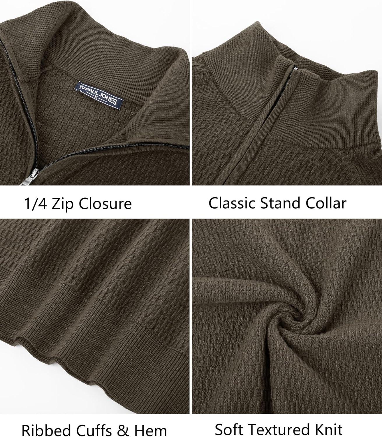 imagePJ PAUL JONES Mens Quarter Zip Sweaters Slim Fit Long Sleeve Casual Pullover Sweater Knit Textured Mock Neck Polo SweatersDark Brown