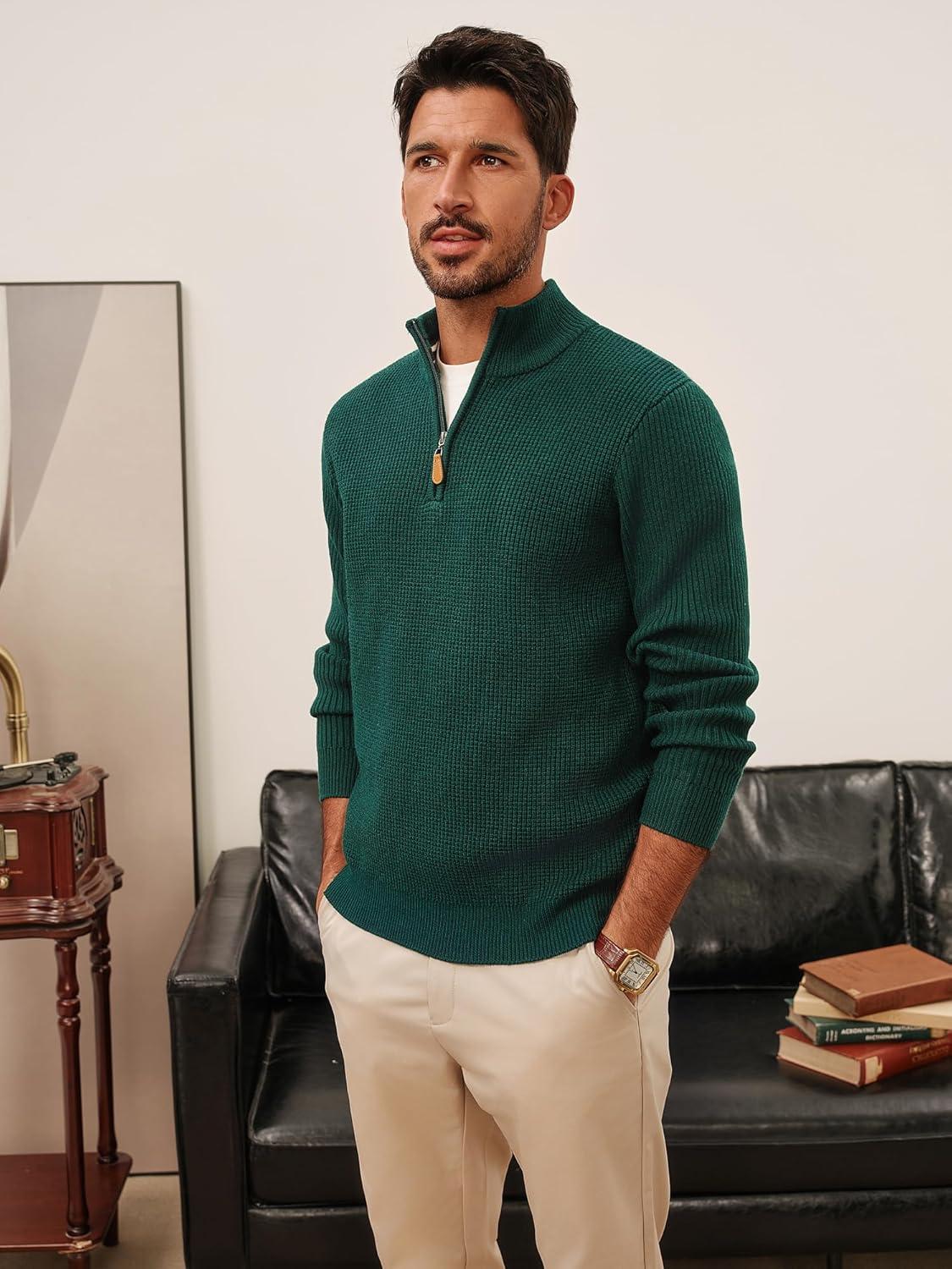 imagePJ PAUL JONES Mens Quarter Zip Sweaters Slim Fit Long Sleeve Casual Pullover Sweater Knit Textured Mock Neck Polo SweatersDark Green Waffle