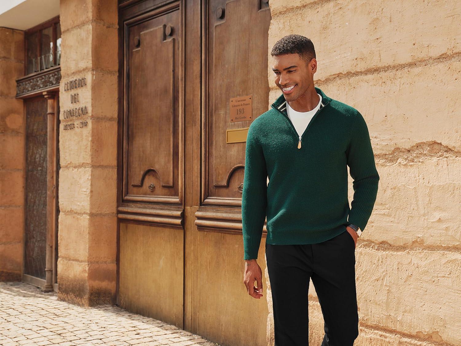 imagePJ PAUL JONES Mens Quarter Zip Sweaters Slim Fit Long Sleeve Casual Pullover Sweater Knit Textured Mock Neck Polo SweatersDark Green Waffle