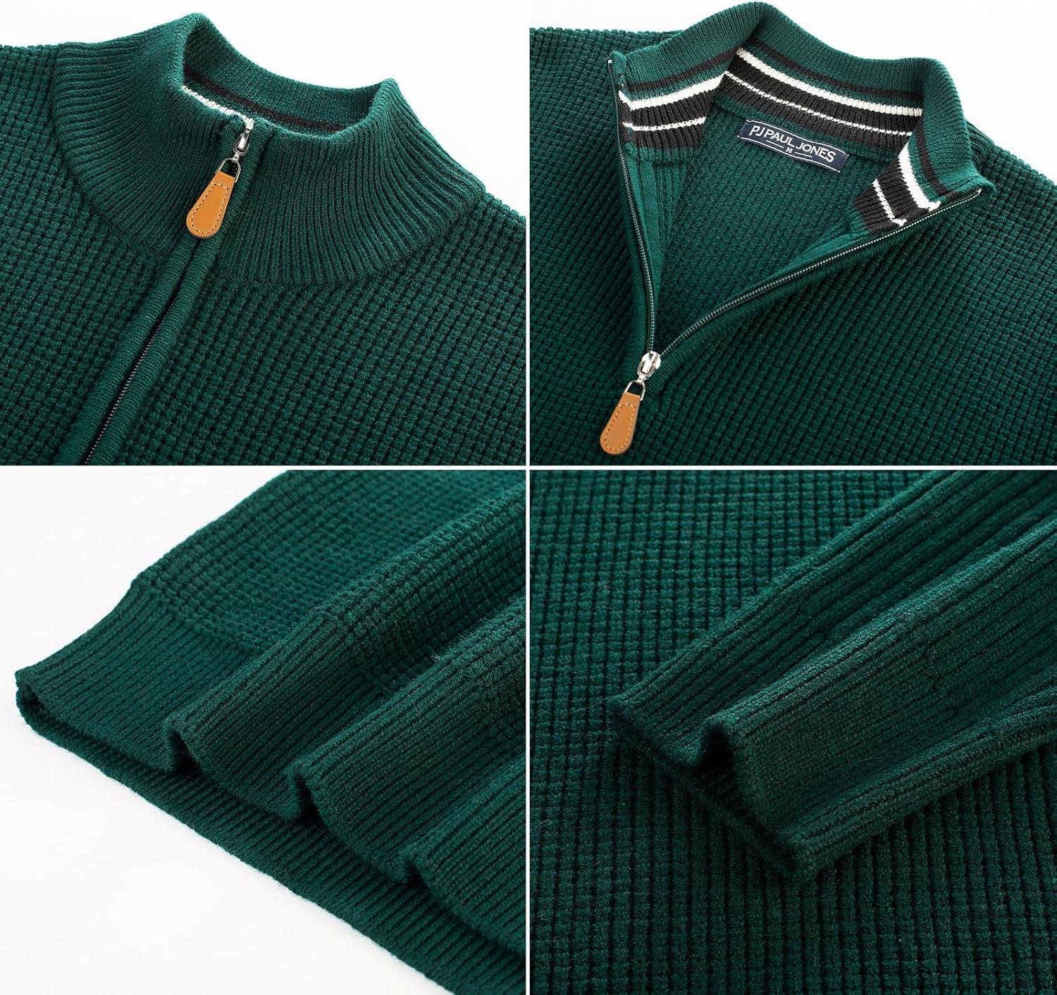 imagePJ PAUL JONES Mens Quarter Zip Sweaters Slim Fit Long Sleeve Casual Pullover Sweater Knit Textured Mock Neck Polo SweatersDark Green Waffle