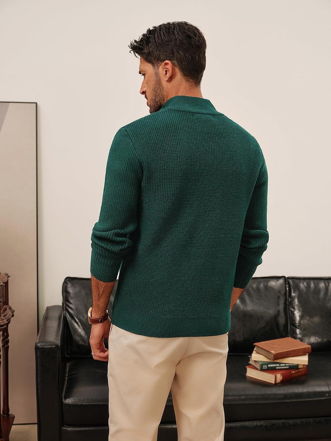 imagePJ PAUL JONES Mens Quarter Zip Sweaters Slim Fit Long Sleeve Casual Pullover Sweater Knit Textured Mock Neck Polo SweatersDark Green Waffle