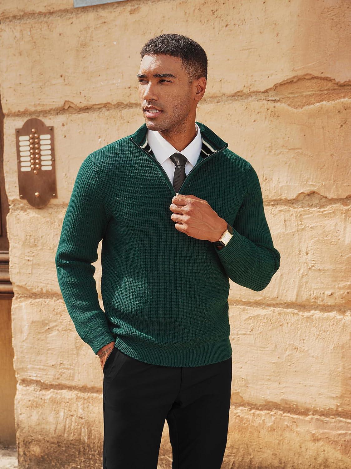 imagePJ PAUL JONES Mens Quarter Zip Sweaters Slim Fit Long Sleeve Casual Pullover Sweater Knit Textured Mock Neck Polo SweatersDark Green Waffle