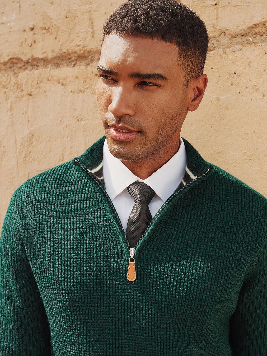 imagePJ PAUL JONES Mens Quarter Zip Sweaters Slim Fit Long Sleeve Casual Pullover Sweater Knit Textured Mock Neck Polo SweatersDark Green Waffle