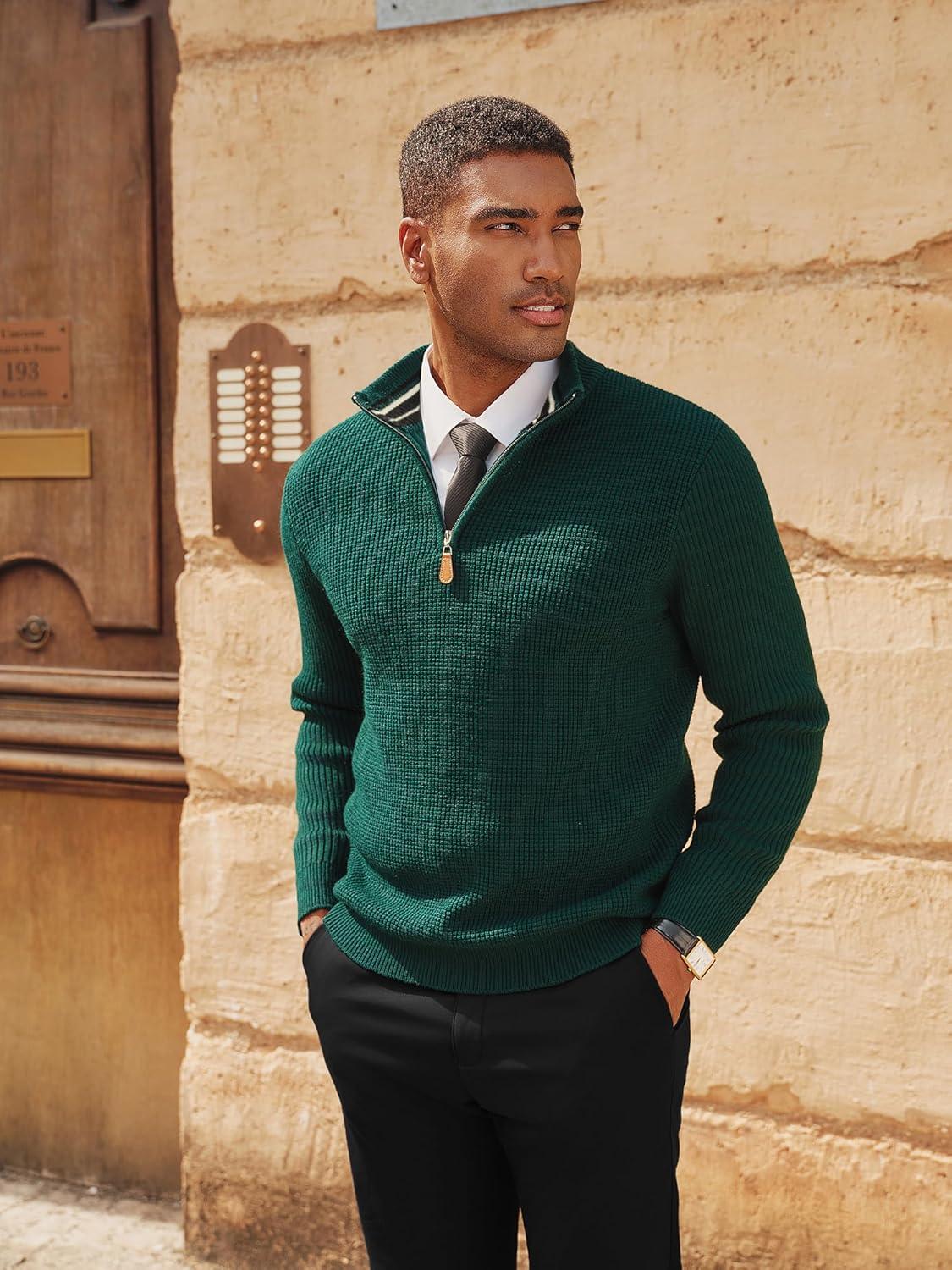 imagePJ PAUL JONES Mens Quarter Zip Sweaters Slim Fit Long Sleeve Casual Pullover Sweater Knit Textured Mock Neck Polo SweatersDark Green Waffle