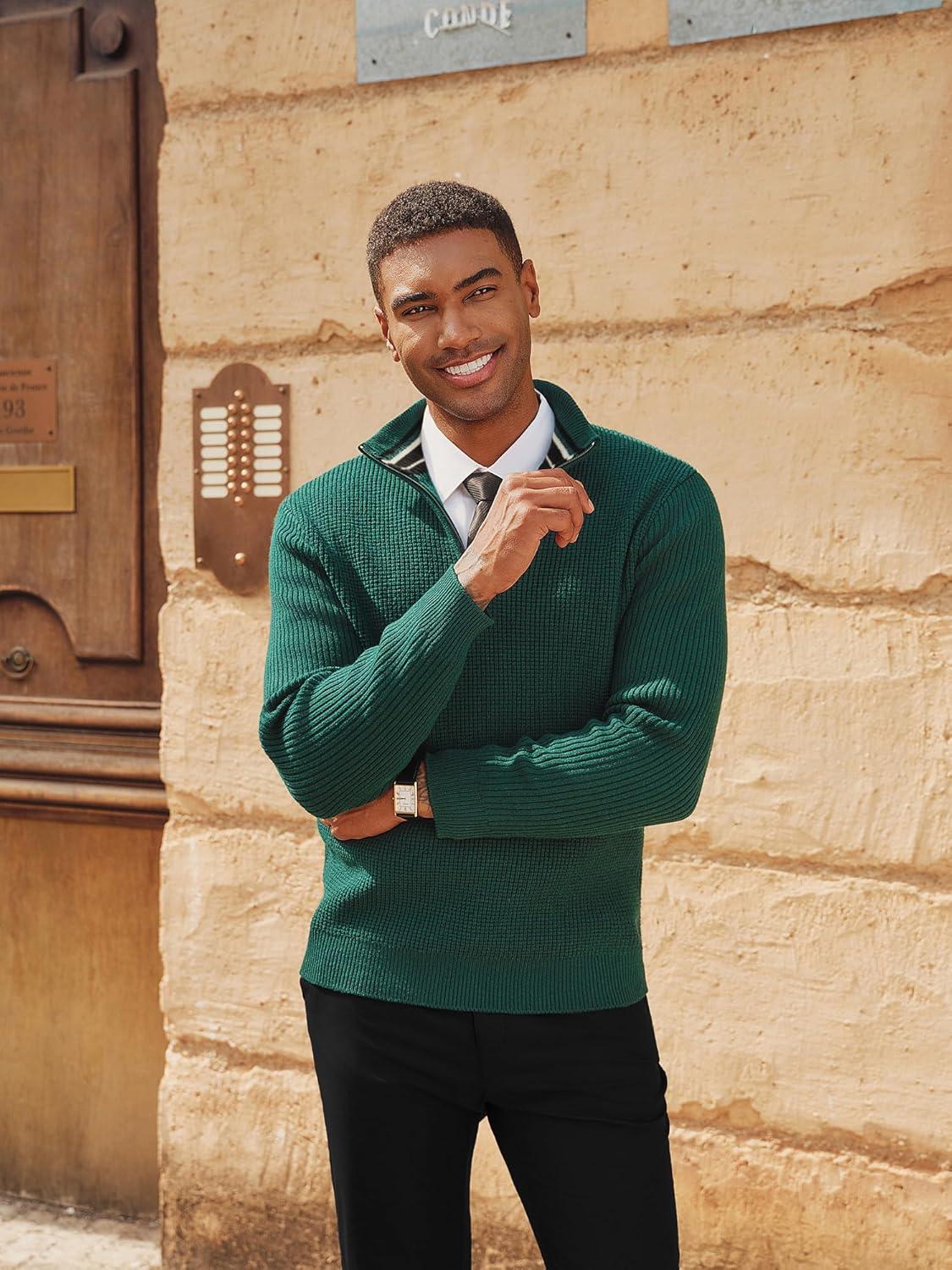 imagePJ PAUL JONES Mens Quarter Zip Sweaters Slim Fit Long Sleeve Casual Pullover Sweater Knit Textured Mock Neck Polo SweatersDark Green Waffle