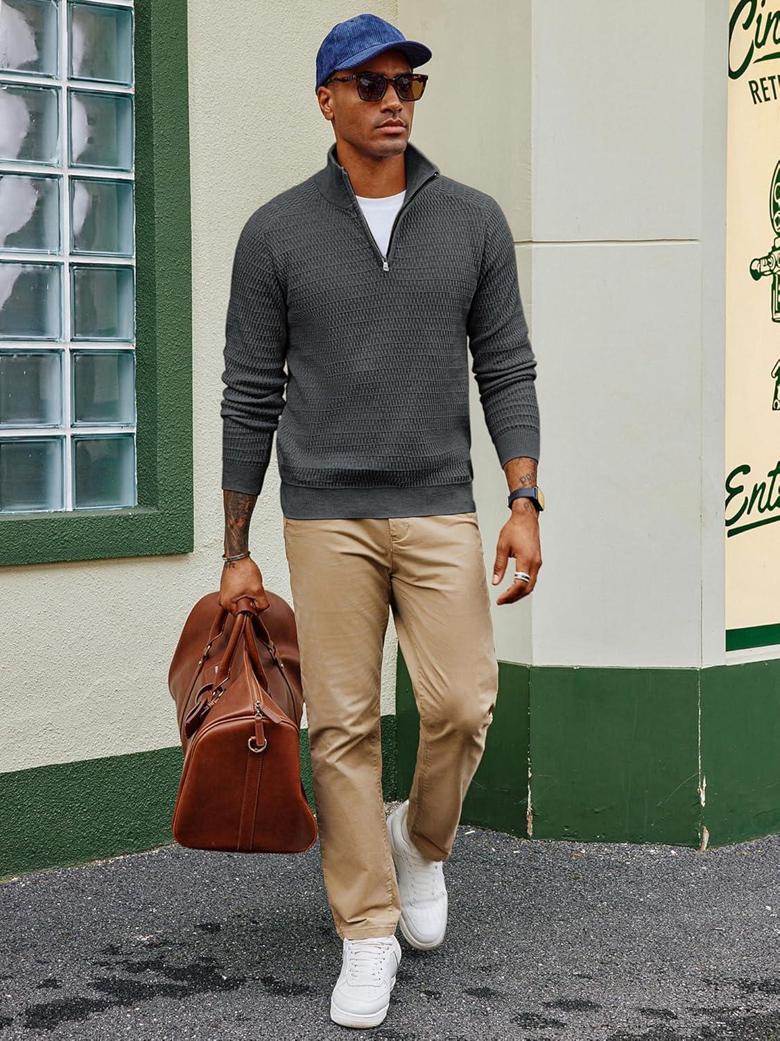 imagePJ PAUL JONES Mens Quarter Zip Sweaters Slim Fit Long Sleeve Casual Pullover Sweater Knit Textured Mock Neck Polo SweatersDark Grey