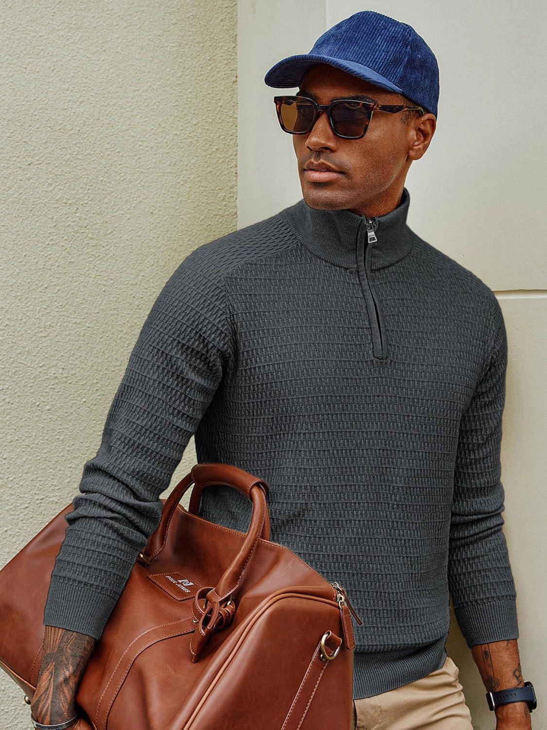 imagePJ PAUL JONES Mens Quarter Zip Sweaters Slim Fit Long Sleeve Casual Pullover Sweater Knit Textured Mock Neck Polo SweatersDark Grey