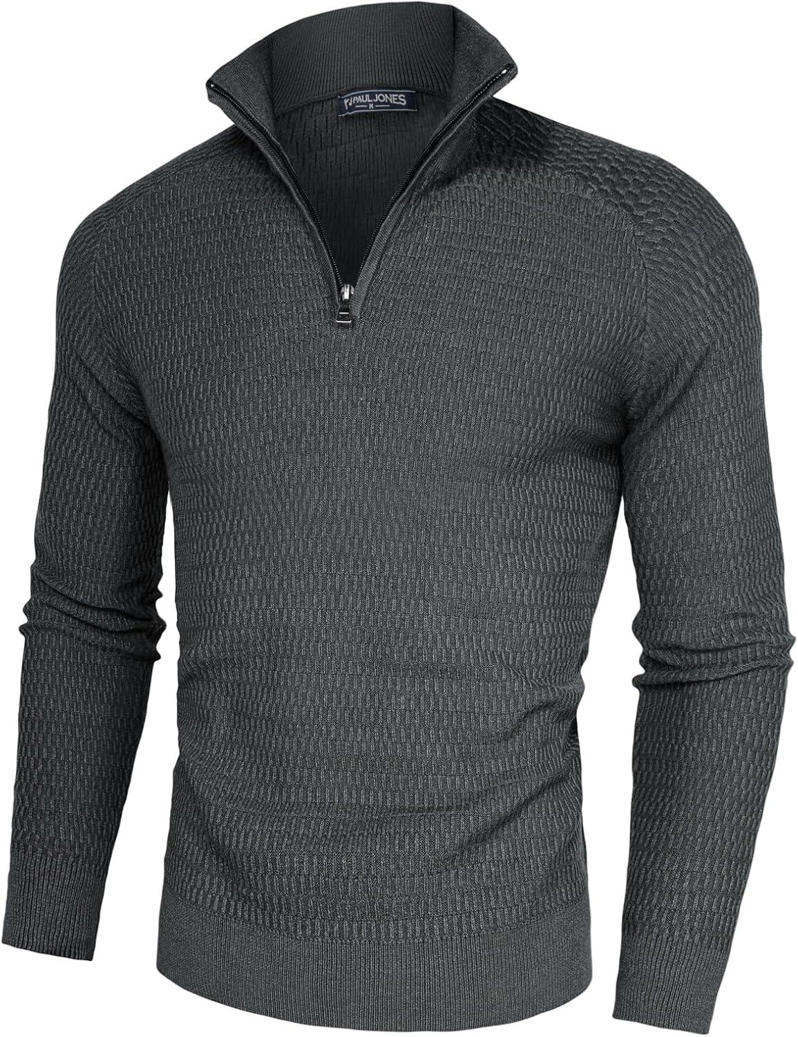 imagePJ PAUL JONES Mens Quarter Zip Sweaters Slim Fit Long Sleeve Casual Pullover Sweater Knit Textured Mock Neck Polo SweatersDark Grey