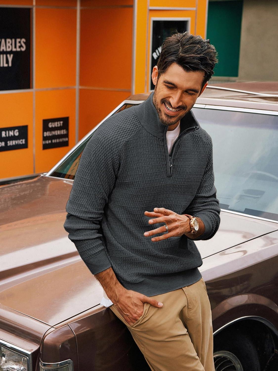 imagePJ PAUL JONES Mens Quarter Zip Sweaters Slim Fit Long Sleeve Casual Pullover Sweater Knit Textured Mock Neck Polo SweatersDark Grey