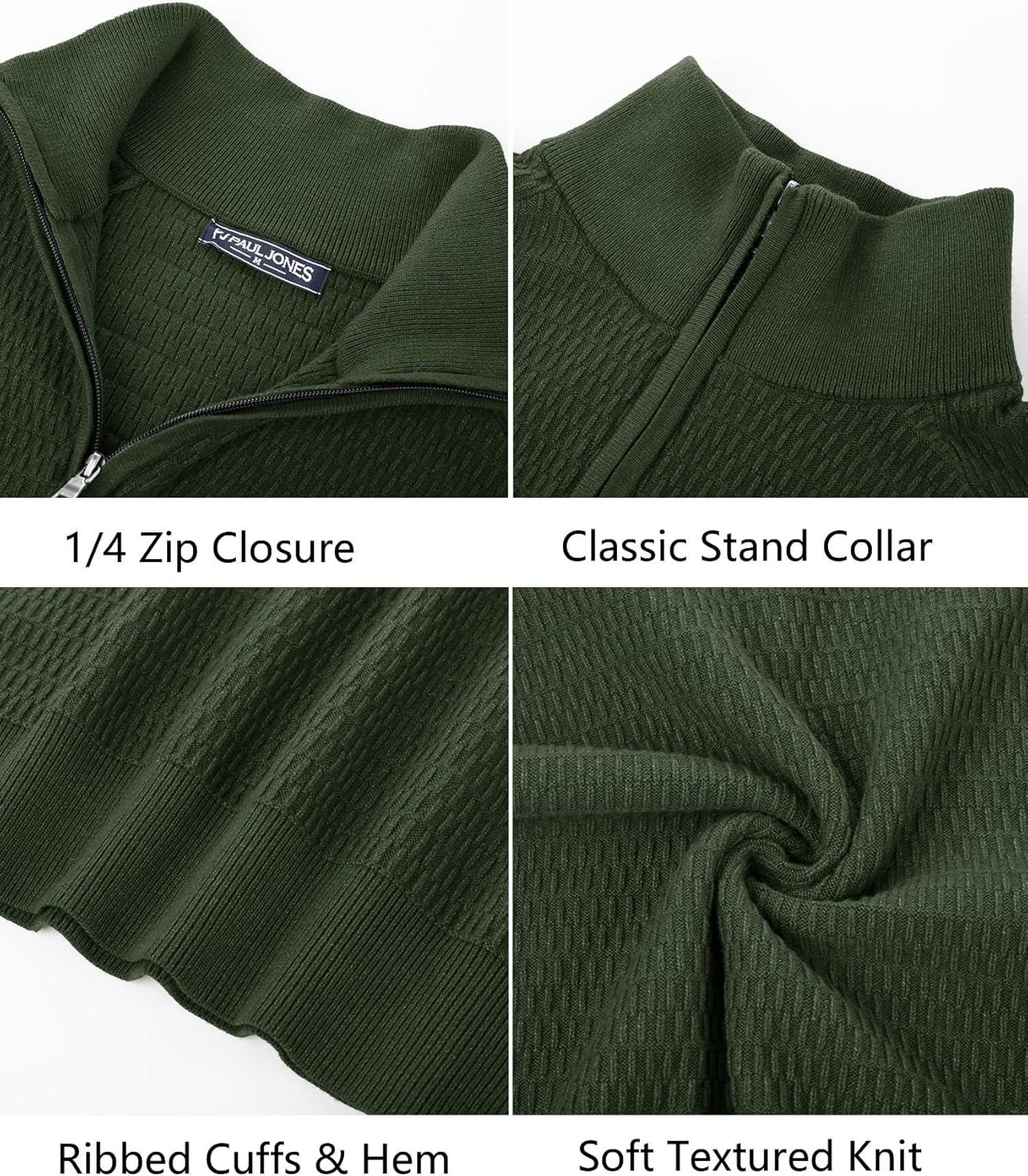 imagePJ PAUL JONES Mens Quarter Zip Sweaters Slim Fit Long Sleeve Casual Pullover Sweater Knit Textured Mock Neck Polo SweatersGreen