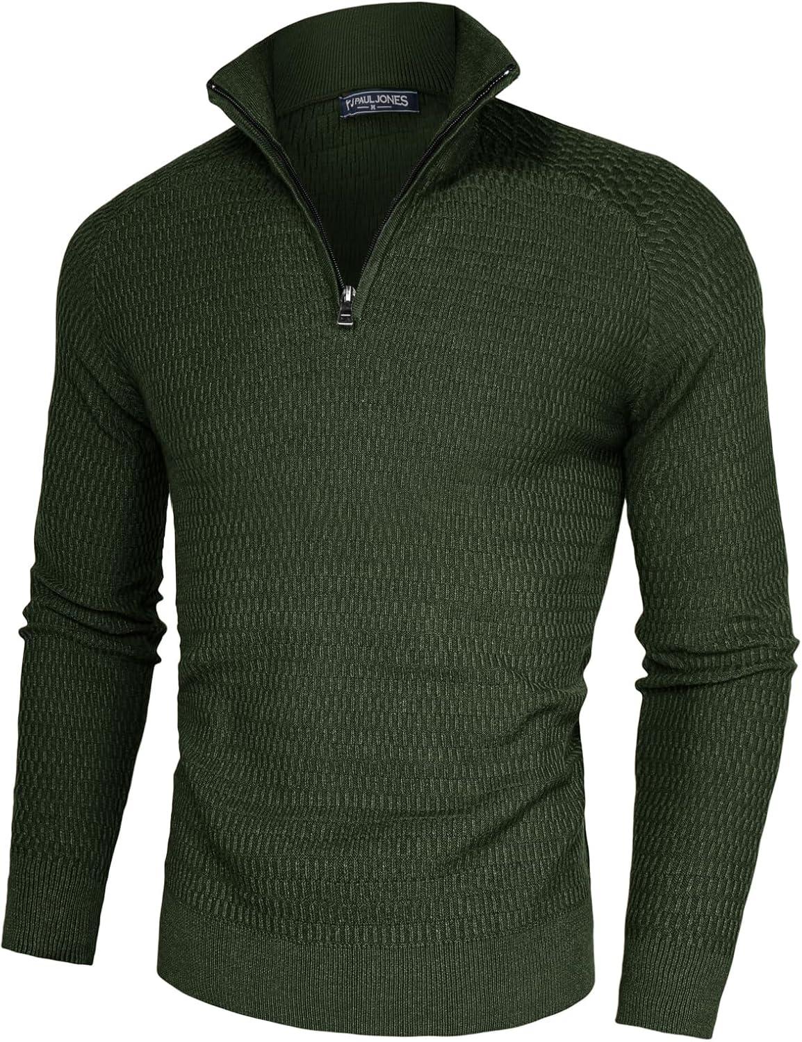 imagePJ PAUL JONES Mens Quarter Zip Sweaters Slim Fit Long Sleeve Casual Pullover Sweater Knit Textured Mock Neck Polo SweatersGreen