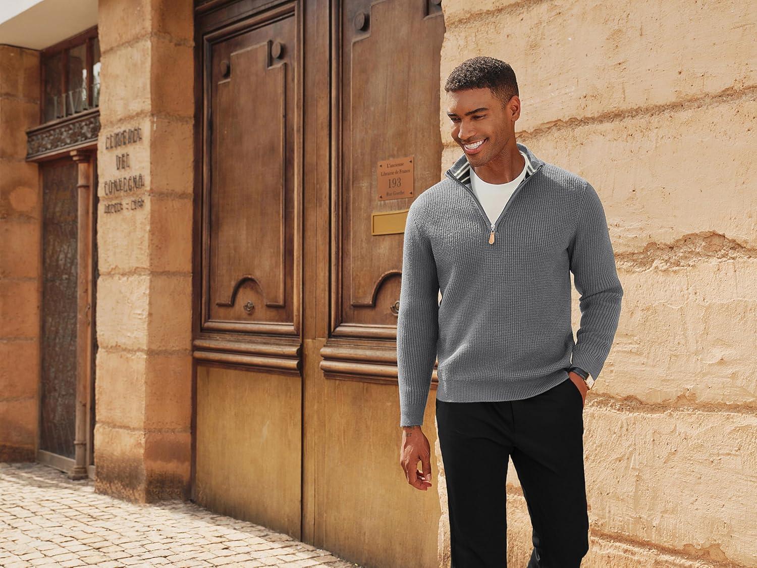 imagePJ PAUL JONES Mens Quarter Zip Sweaters Slim Fit Long Sleeve Casual Pullover Sweater Knit Textured Mock Neck Polo SweatersGrey Waffle