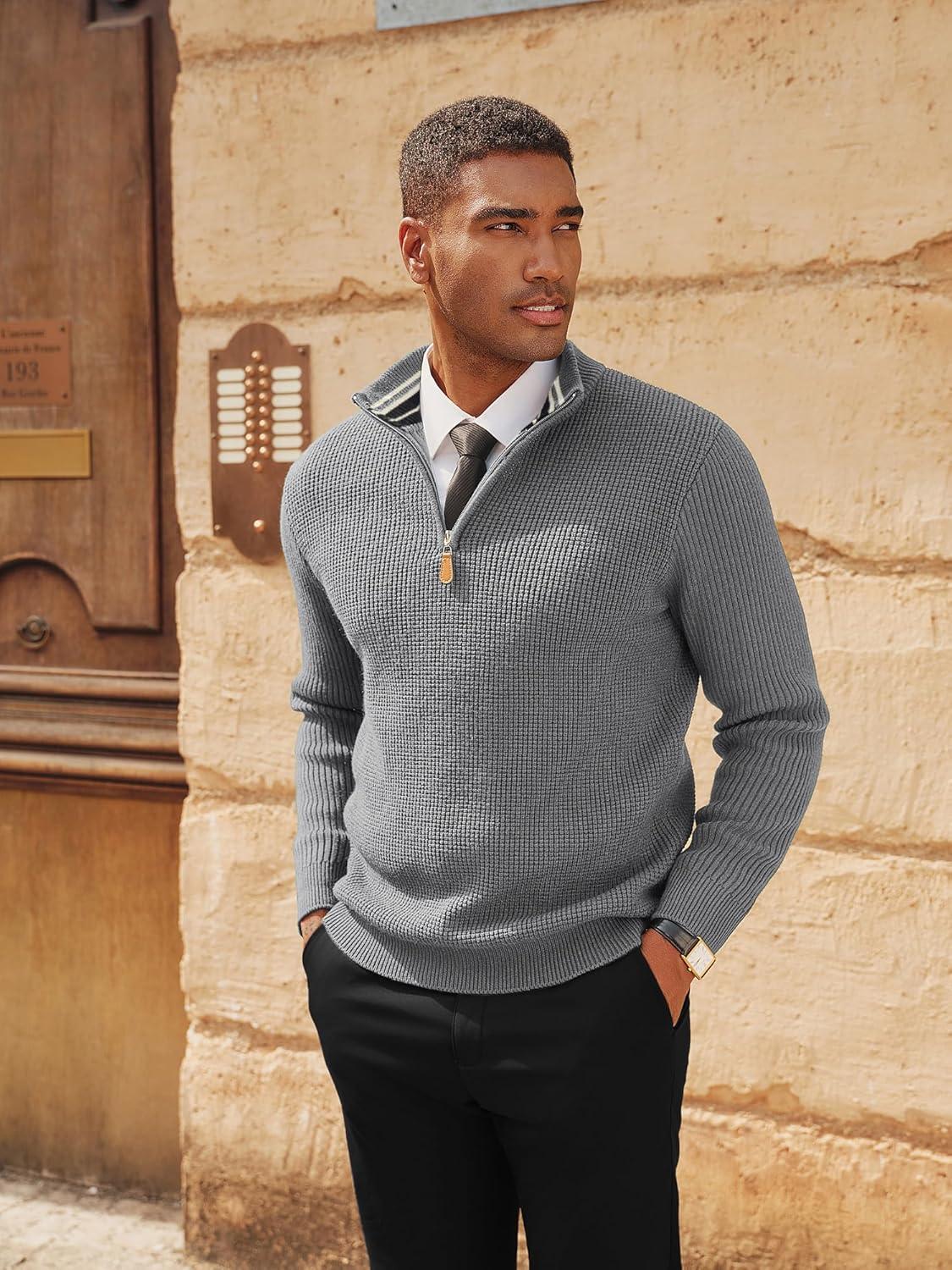 imagePJ PAUL JONES Mens Quarter Zip Sweaters Slim Fit Long Sleeve Casual Pullover Sweater Knit Textured Mock Neck Polo SweatersGrey Waffle