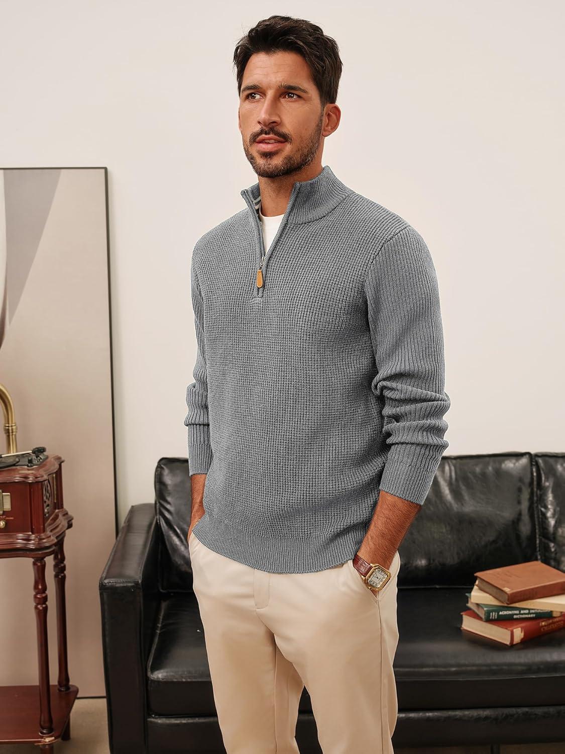 imagePJ PAUL JONES Mens Quarter Zip Sweaters Slim Fit Long Sleeve Casual Pullover Sweater Knit Textured Mock Neck Polo SweatersGrey Waffle