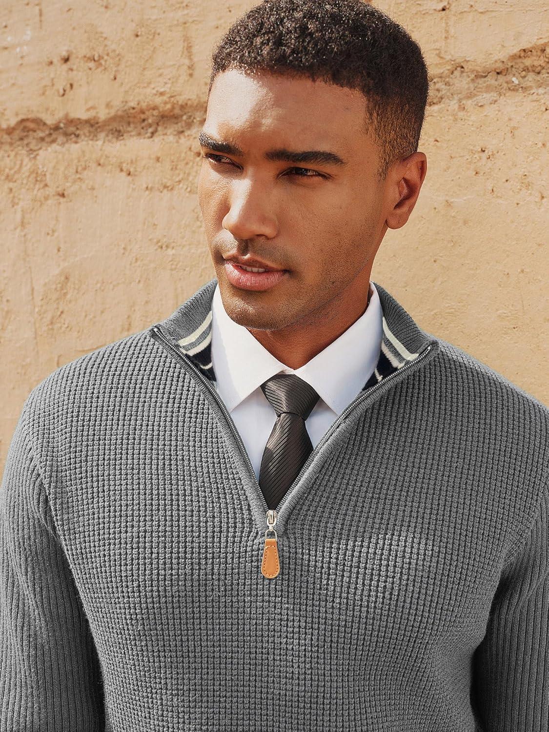 imagePJ PAUL JONES Mens Quarter Zip Sweaters Slim Fit Long Sleeve Casual Pullover Sweater Knit Textured Mock Neck Polo SweatersGrey Waffle