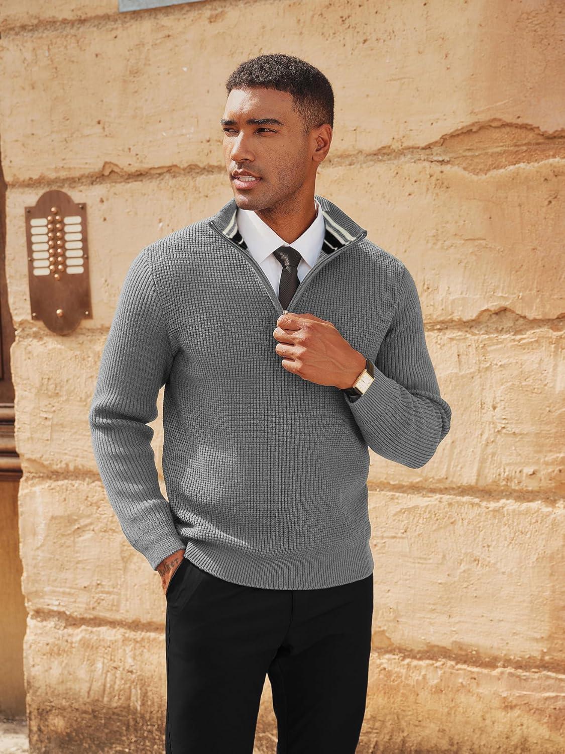 imagePJ PAUL JONES Mens Quarter Zip Sweaters Slim Fit Long Sleeve Casual Pullover Sweater Knit Textured Mock Neck Polo SweatersGrey Waffle