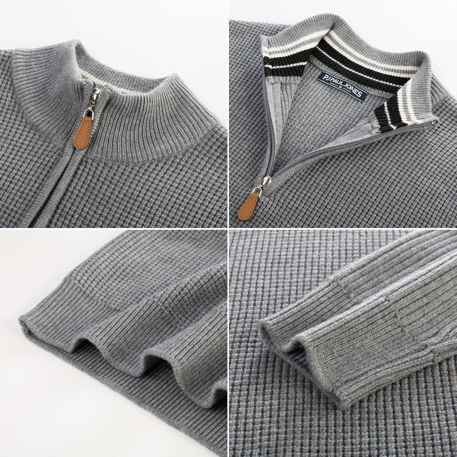 imagePJ PAUL JONES Mens Quarter Zip Sweaters Slim Fit Long Sleeve Casual Pullover Sweater Knit Textured Mock Neck Polo SweatersGrey Waffle