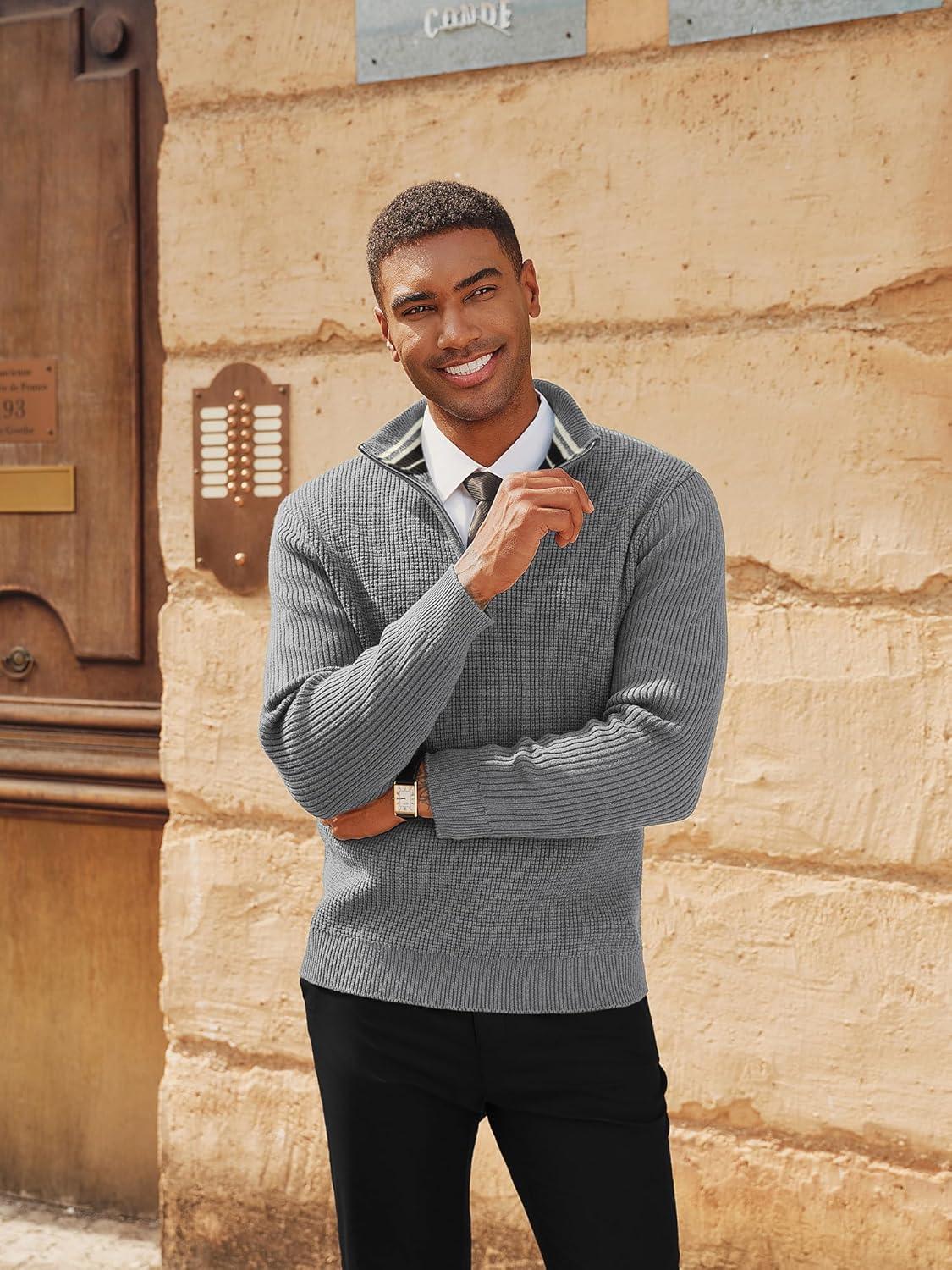 imagePJ PAUL JONES Mens Quarter Zip Sweaters Slim Fit Long Sleeve Casual Pullover Sweater Knit Textured Mock Neck Polo SweatersGrey Waffle